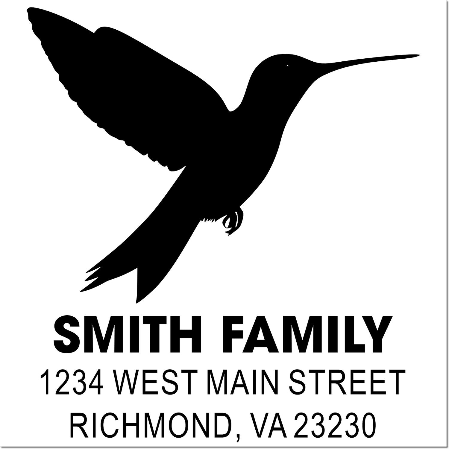 Custom hummingbird return address rubber stamp for Smith Family, 1234 West Main Street, Richmond, VA 23230.