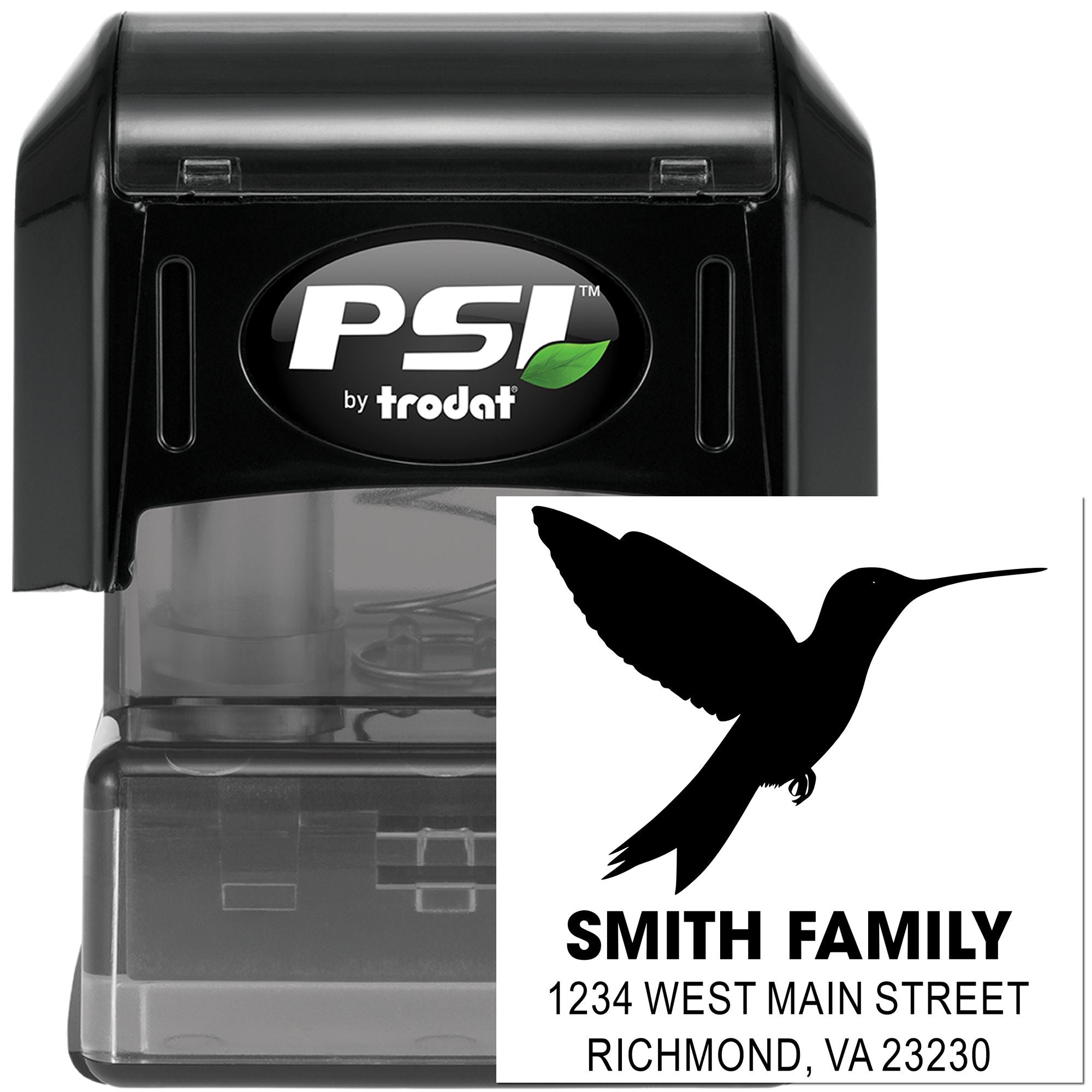 Custom self-inking address stamp by PSI Trodat with hummingbird design for family mailing and return address use.