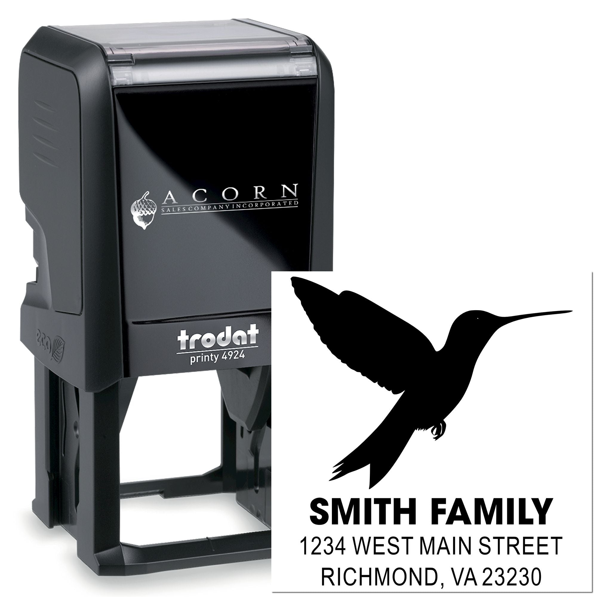 Custom self-inking rubber address stamp with hummingbird design for Smith family return mail, Trodat Printy 4924