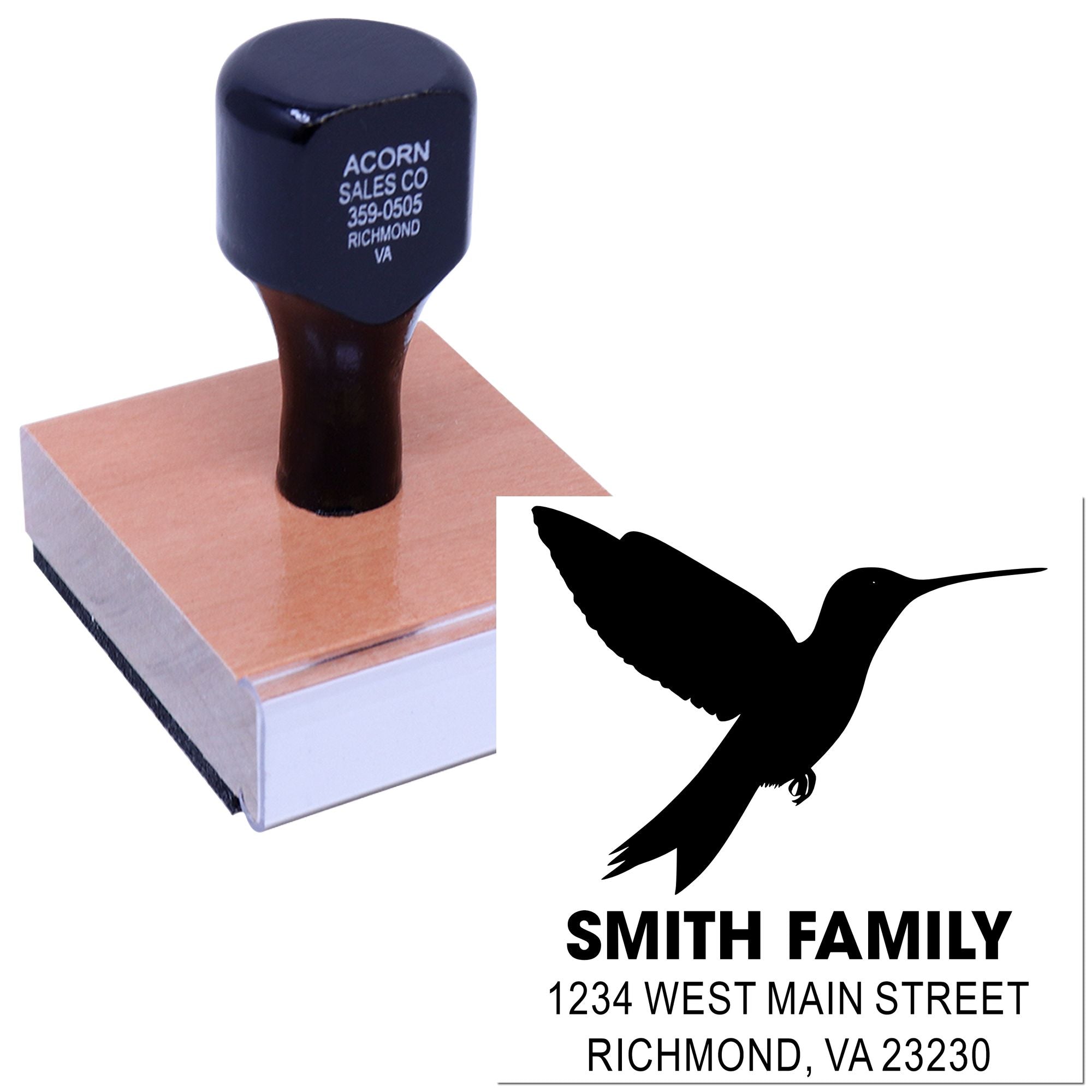 Custom rubber address stamp with hummingbird design for Smith Family, featuring name and Richmond, VA return address.