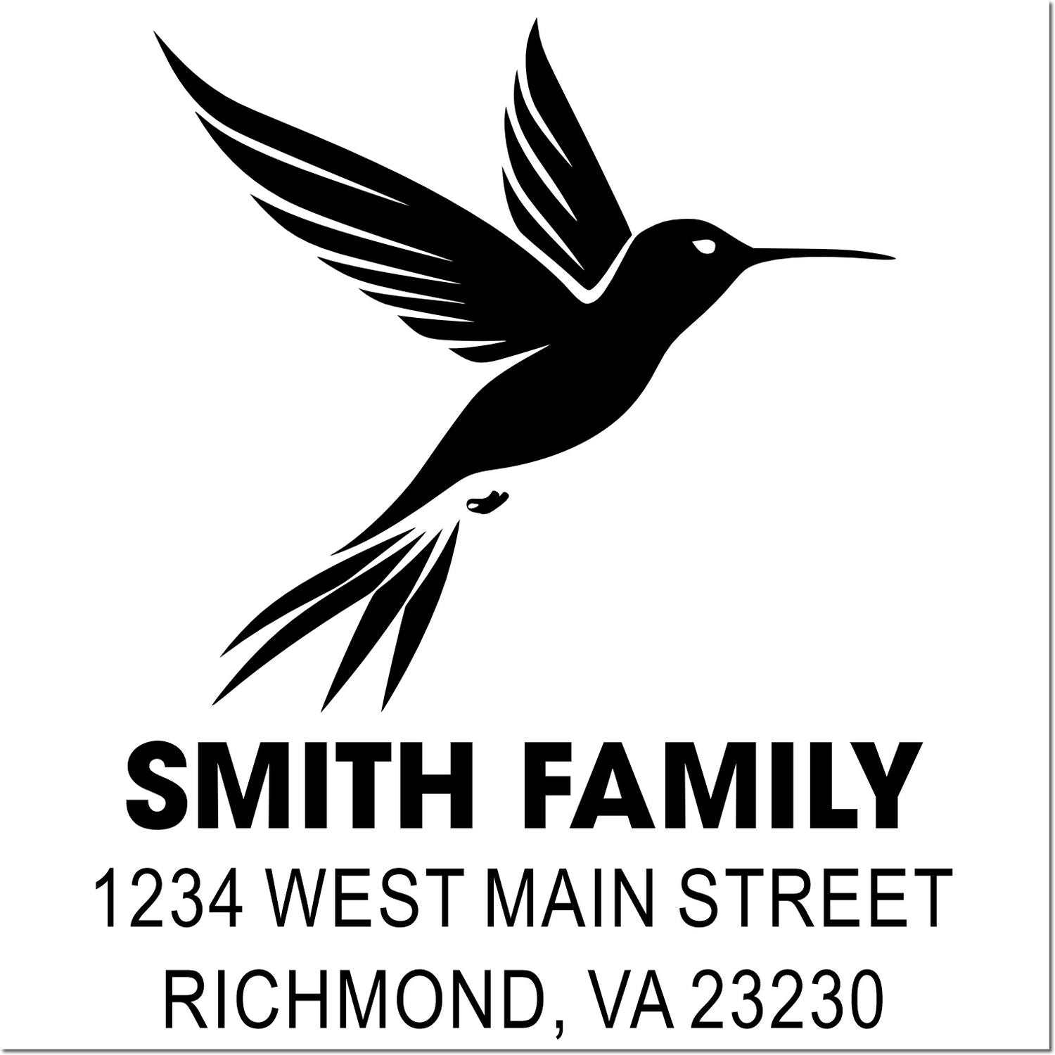 Custom hummingbird rubber stamp with Smith Family return address, 1234 West Main Street, Richmond, VA 23230