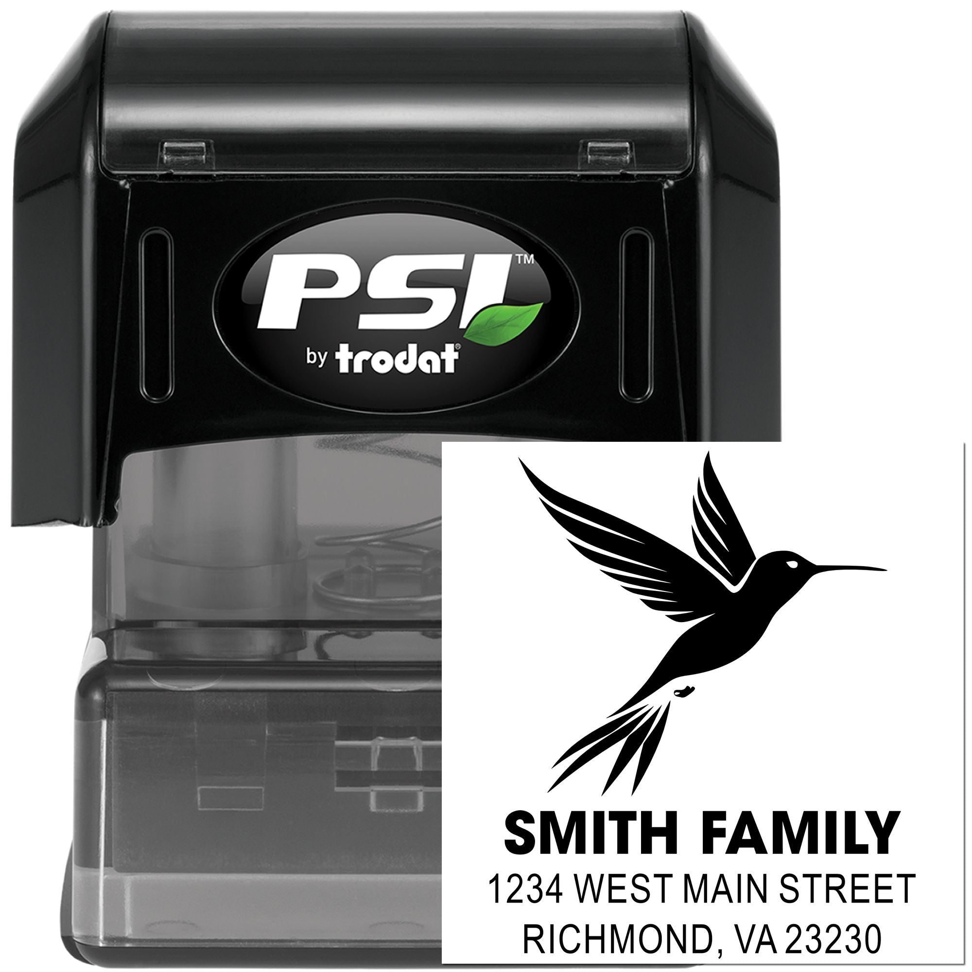 Custom self-inking address stamp with hummingbird design, Smith Family name, and Richmond, VA return address for mailings