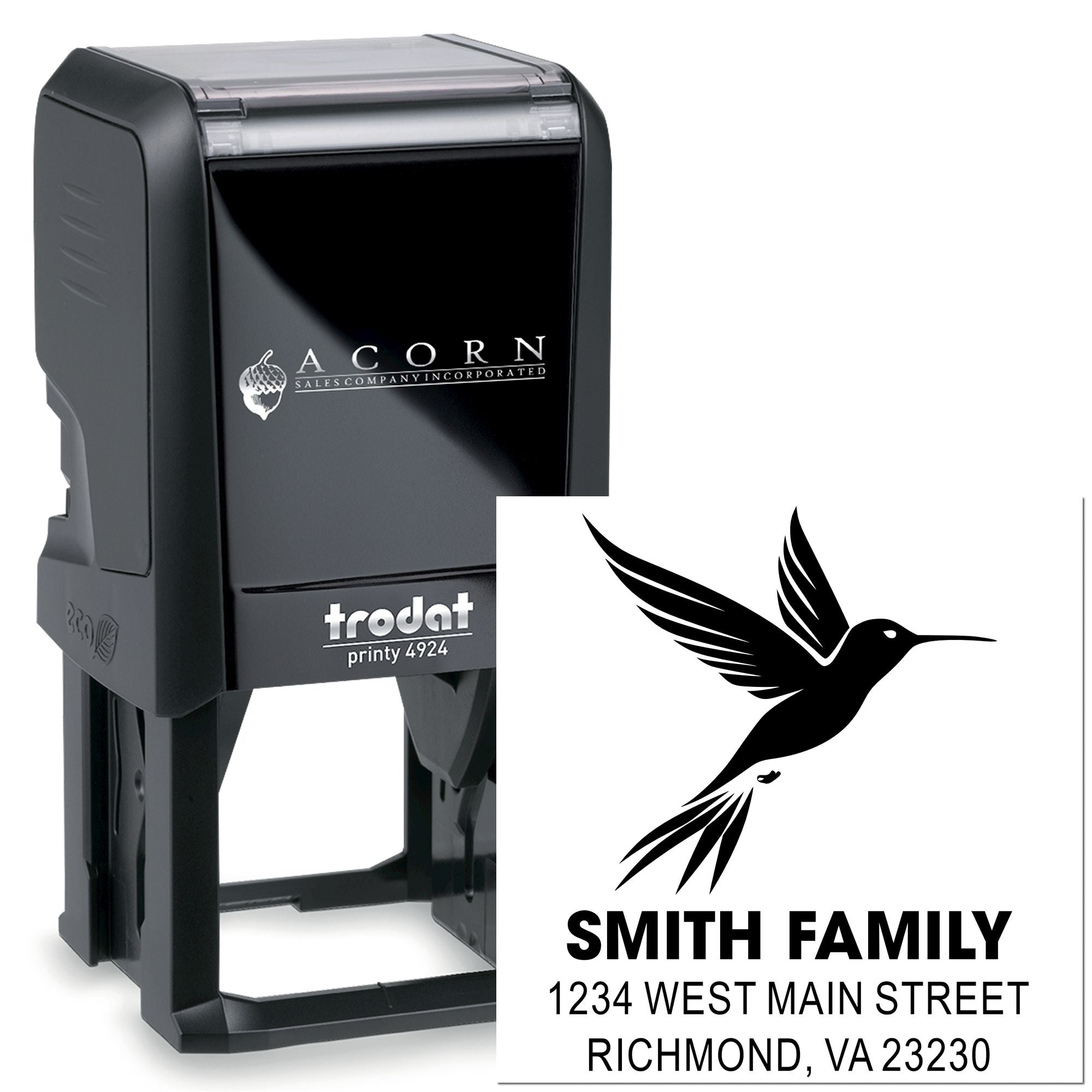 Custom self-inking rubber address stamp with hummingbird logo for Smith Family return mail and address labels.