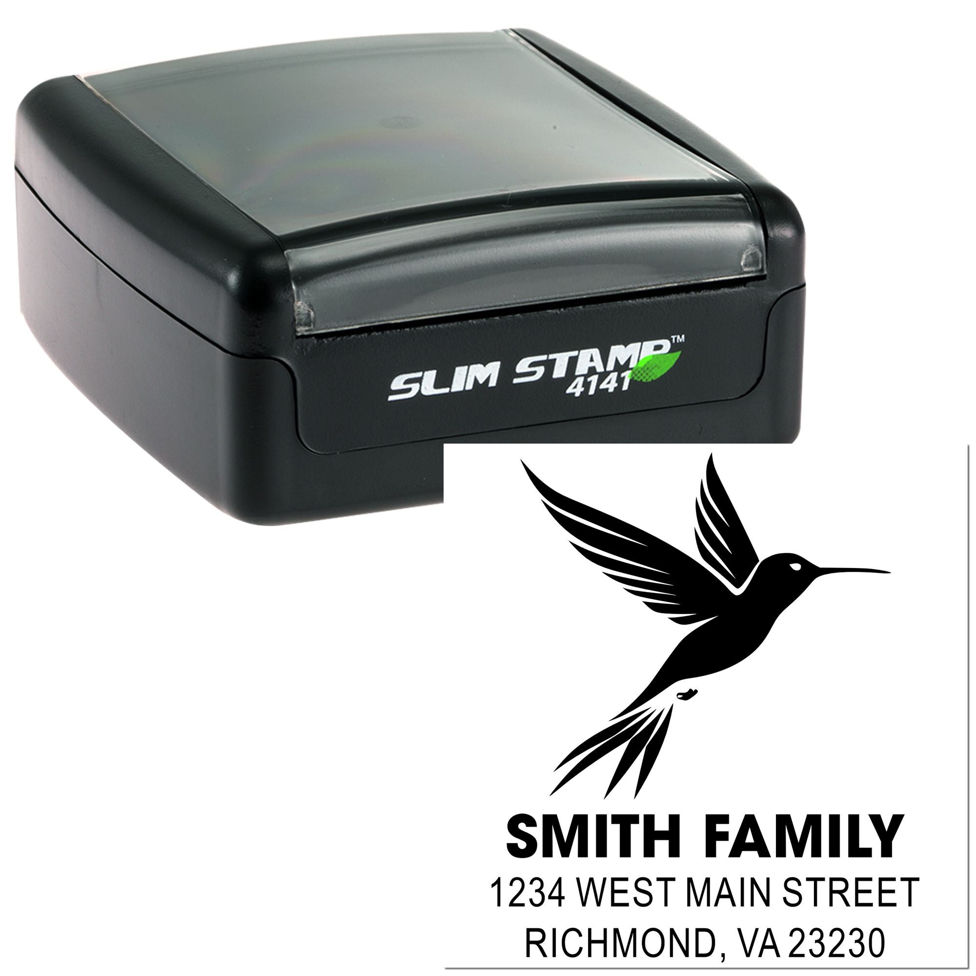 Custom self-inking return address rubber stamp with hummingbird design for Smith Family envelopes and mailings.