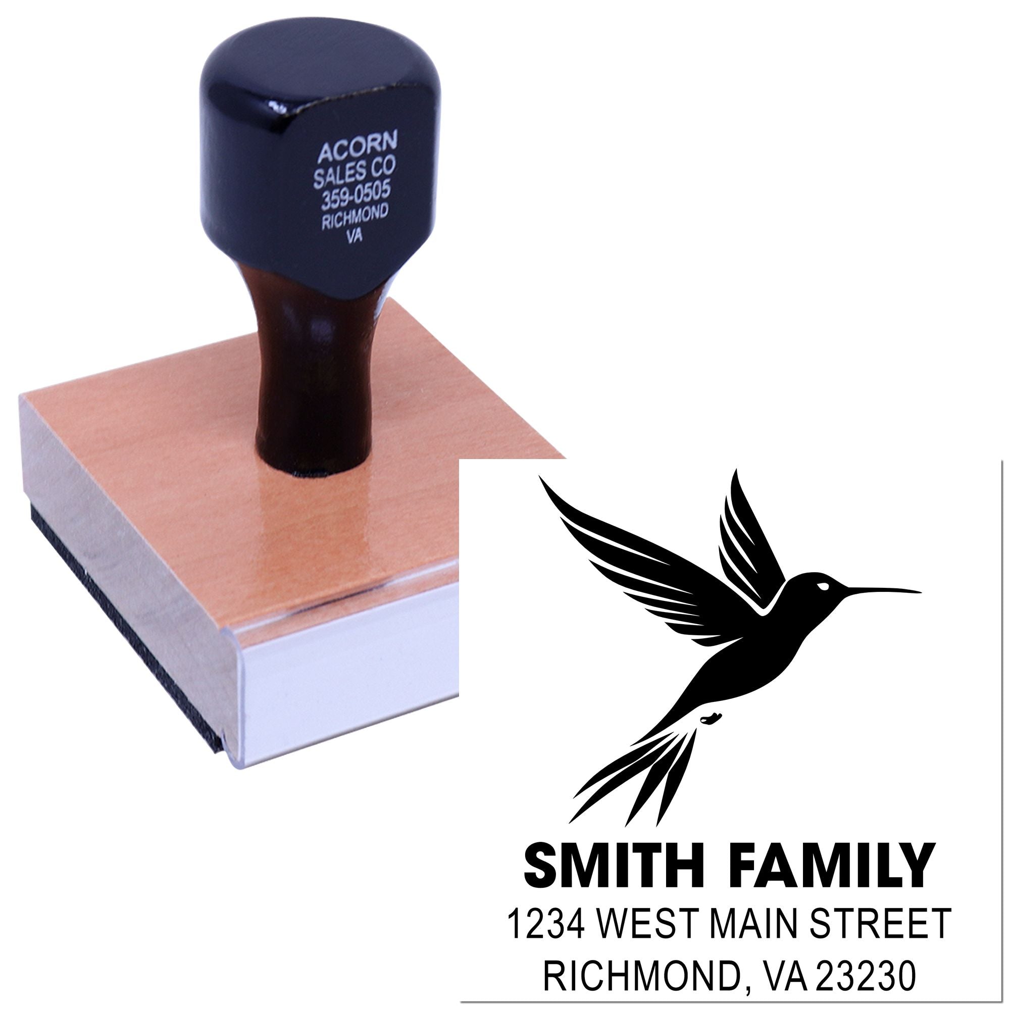 Custom hummingbird address rubber stamp for personalized family return mail.