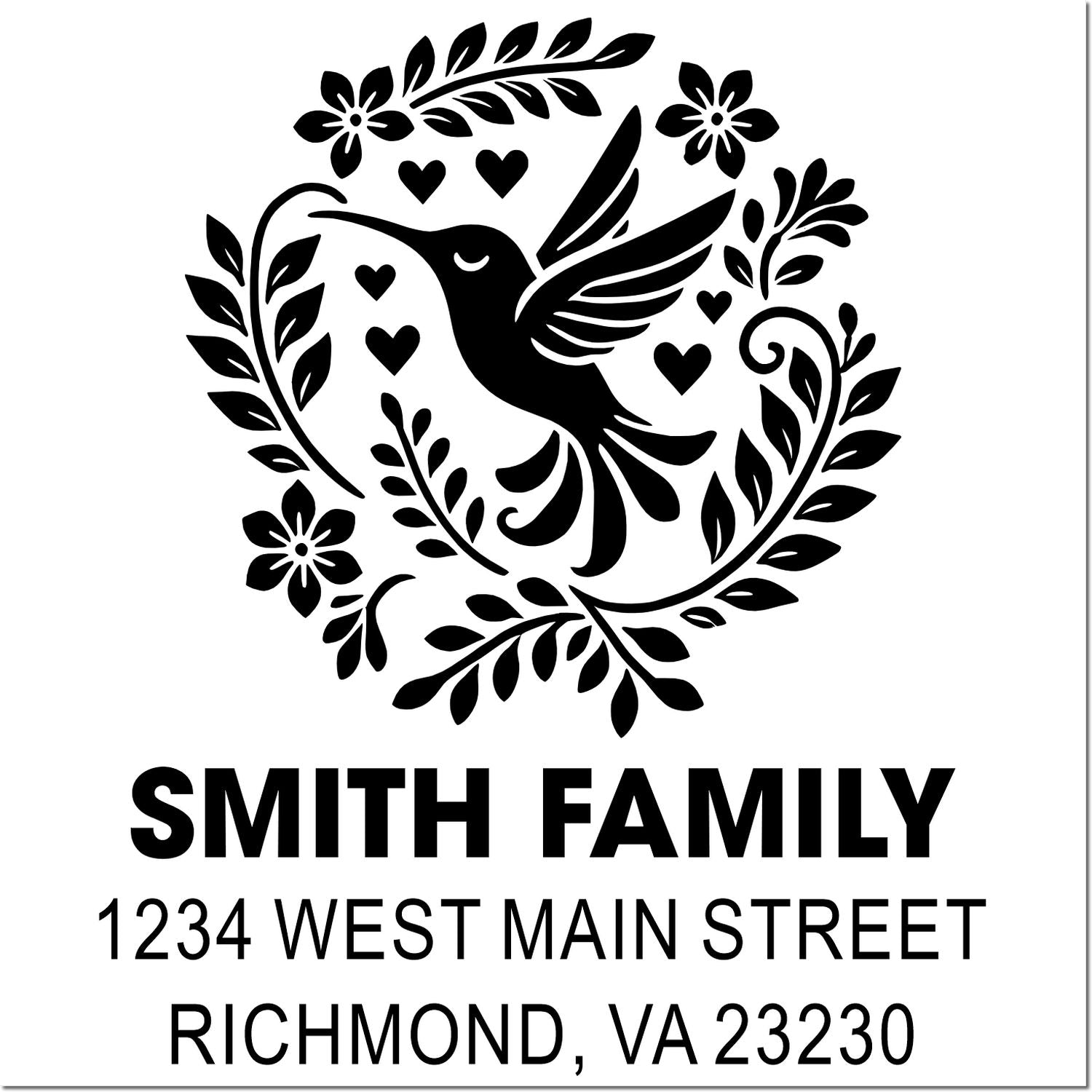 Personalized Smith Family return address rubber stamp with hummingbird floral wreath and Richmond, VA 23230 address.