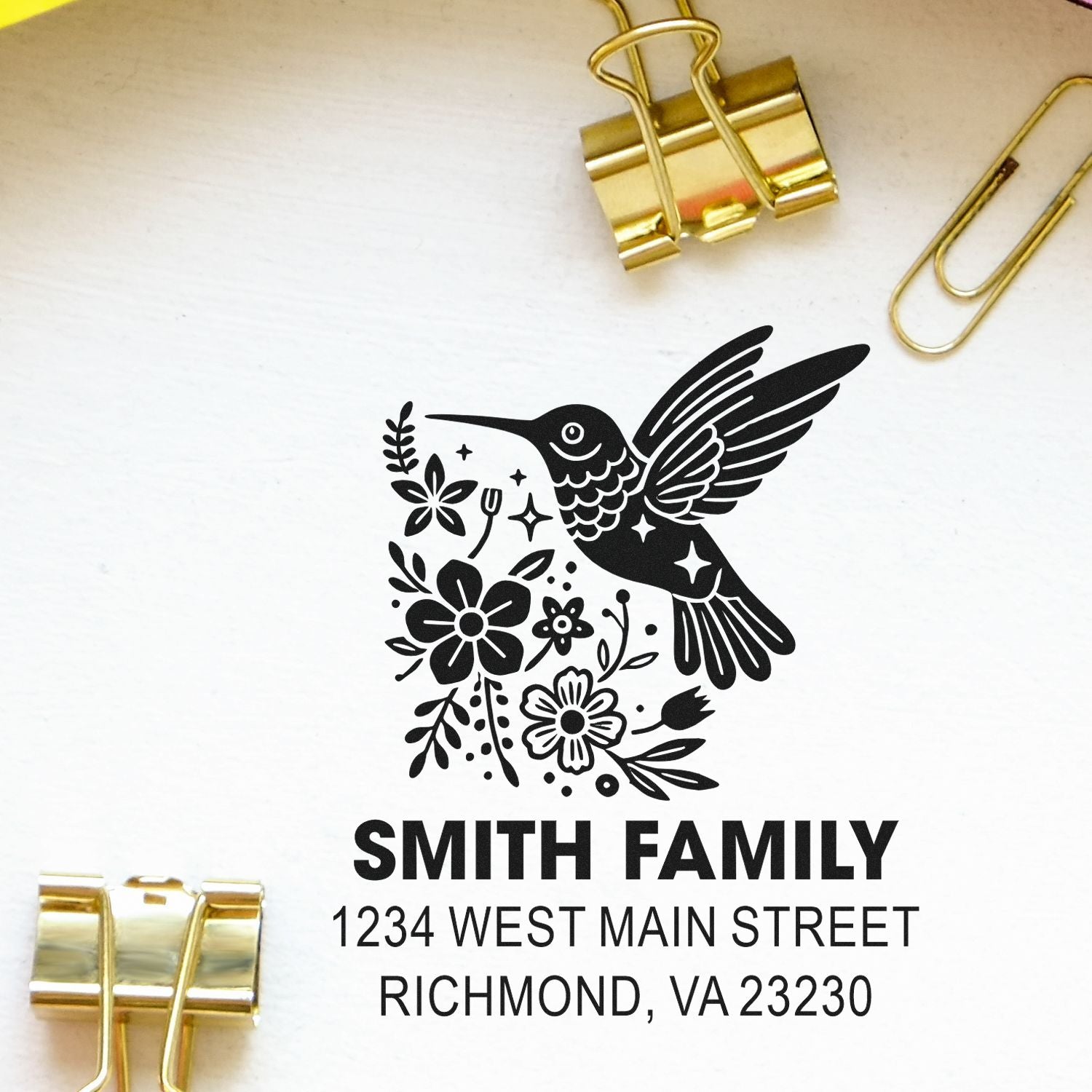 Custom rubber address stamp with hummingbird floral design for Smith Family return address, Richmond, VA 23230.
