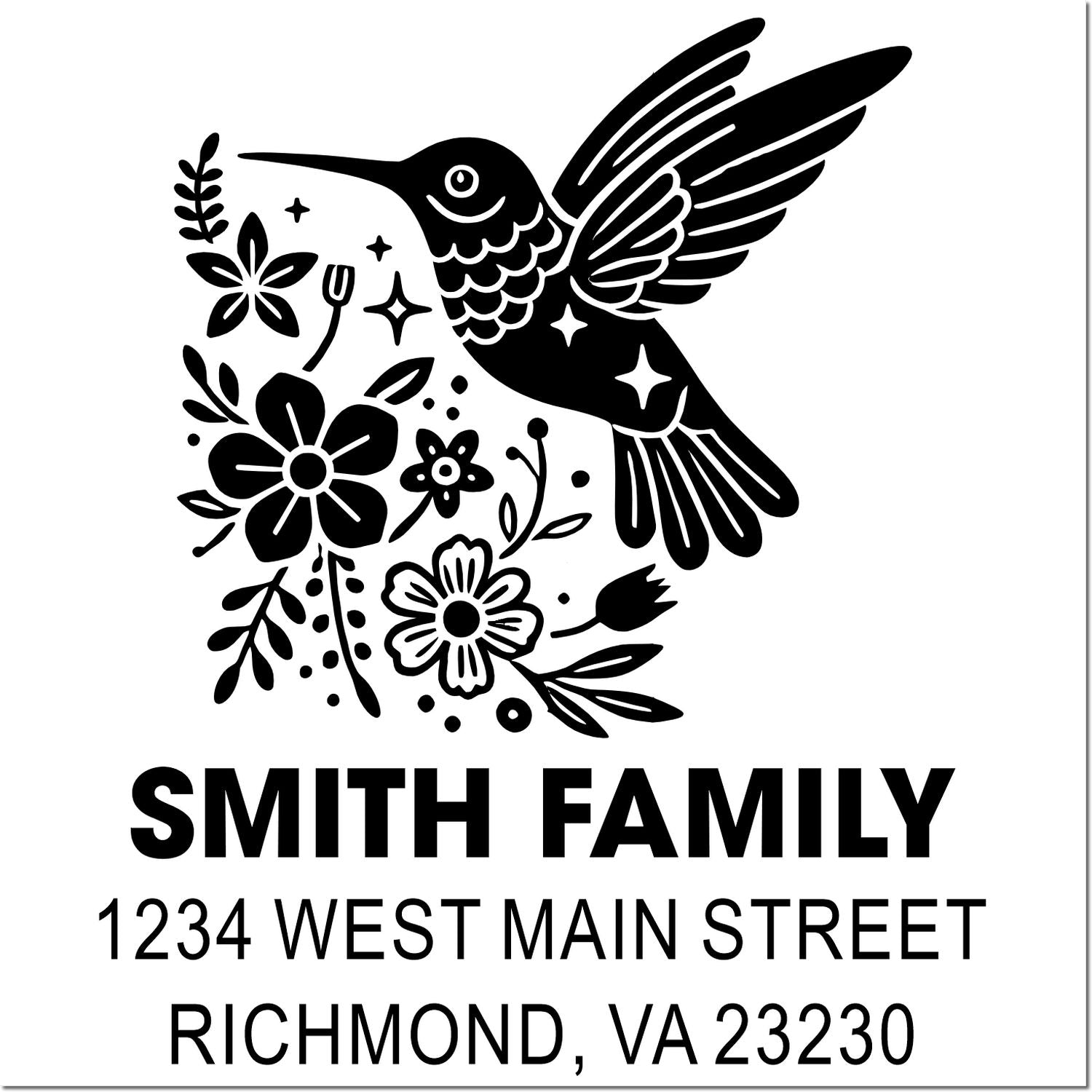 Custom rubber stamp with hummingbird floral design and Smith Family return address, 1234 West Main Street, Richmond, VA 23230