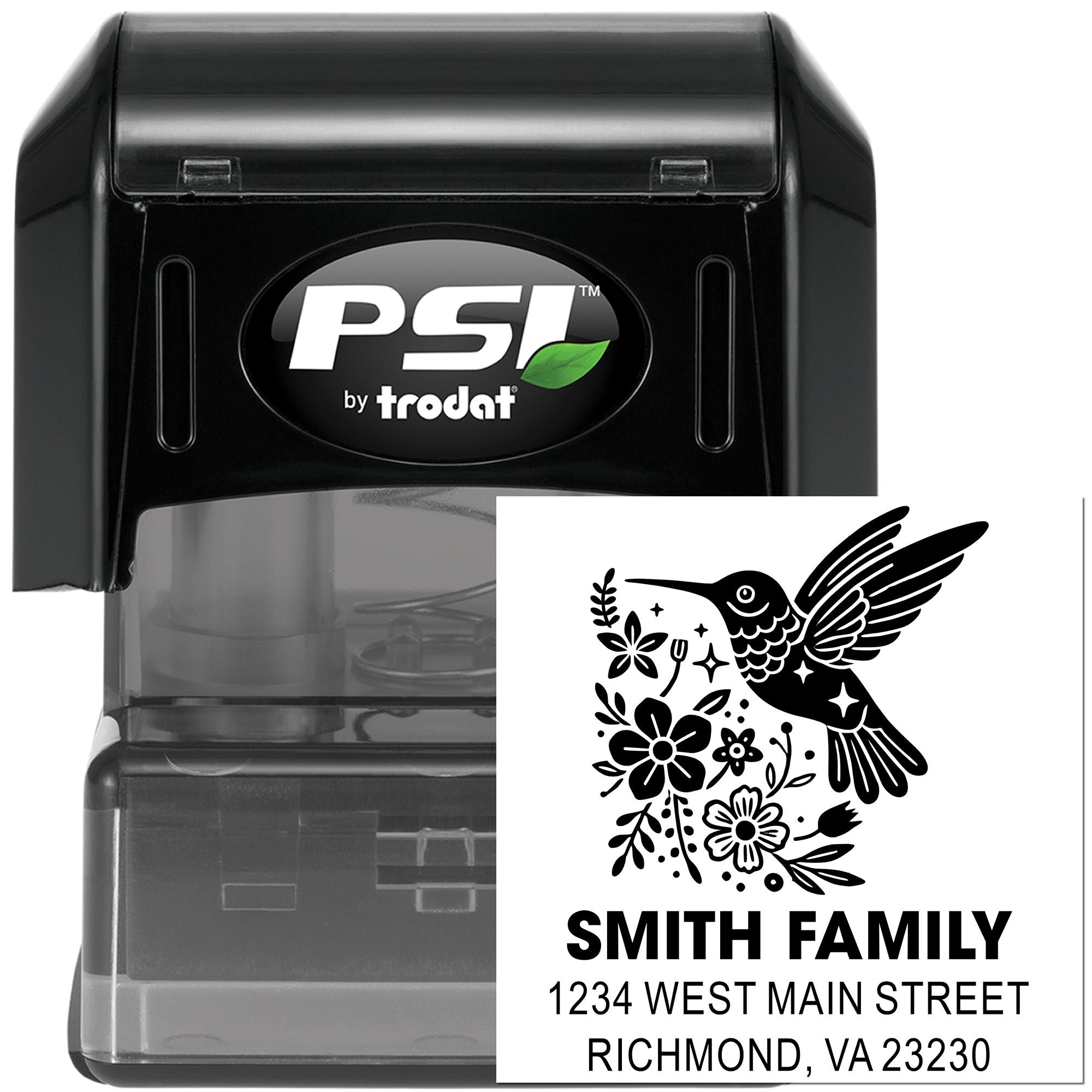 PSI by Trodat custom self-inking rubber address stamp with hummingbird floral design for family mail and return addresses.
