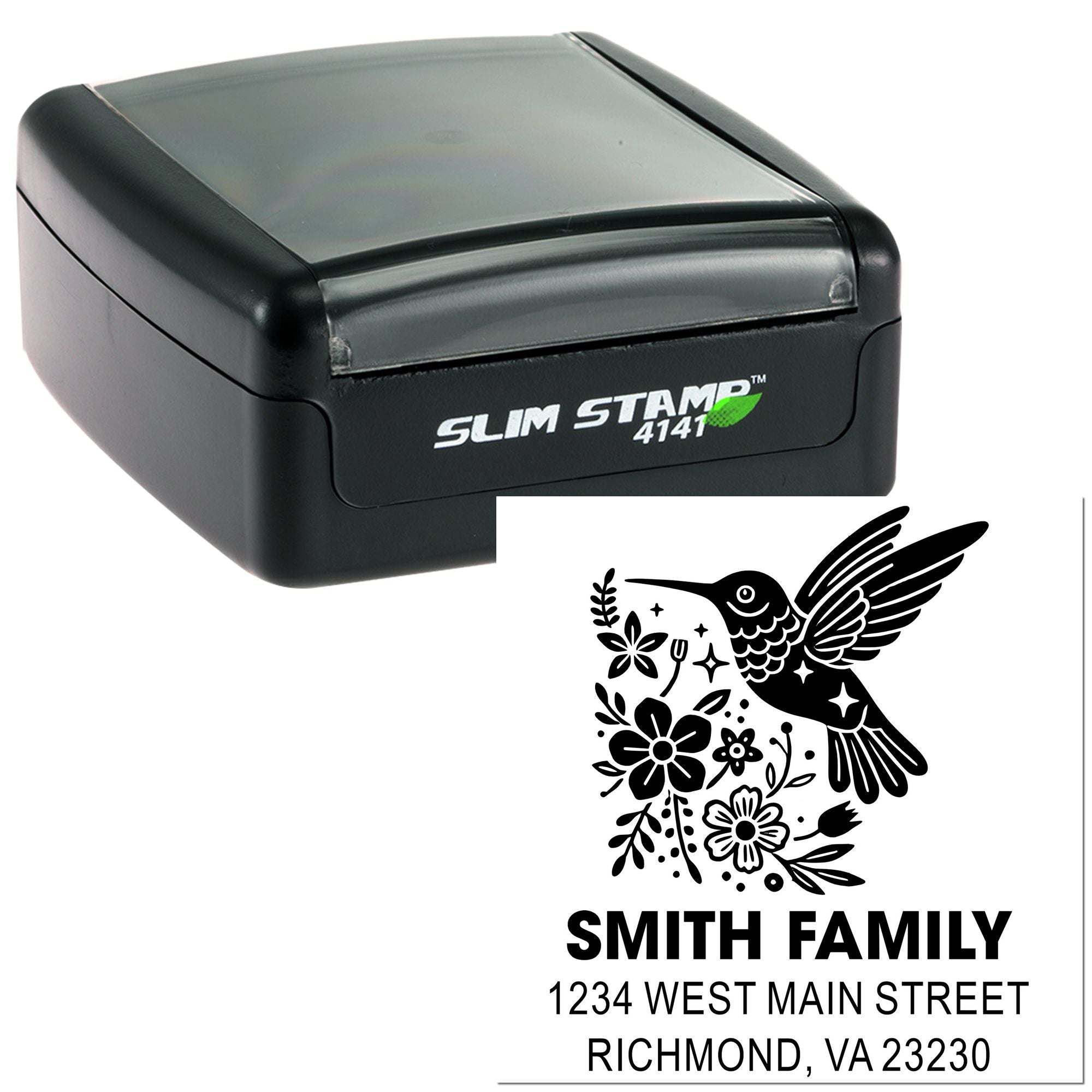 Custom self-inking rubber stamp with hummingbird floral family address design for personalized mailing labels and stationery.