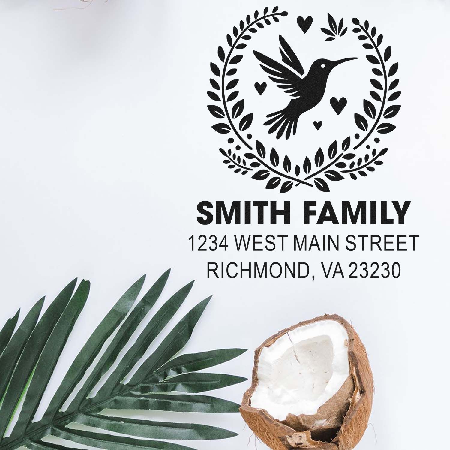 Personalized return address rubber stamp with hummingbird wreath logo, Smith Family name, and Richmond, VA address