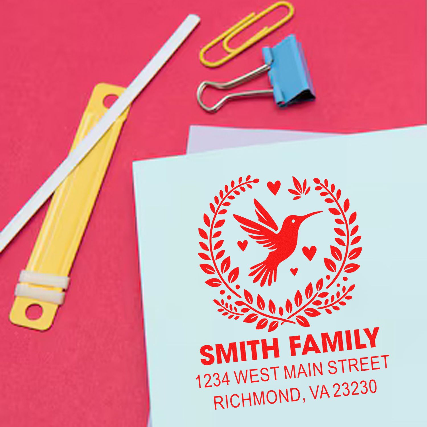 Custom return address rubber stamp with hummingbird family design for personalized envelopes and stationery