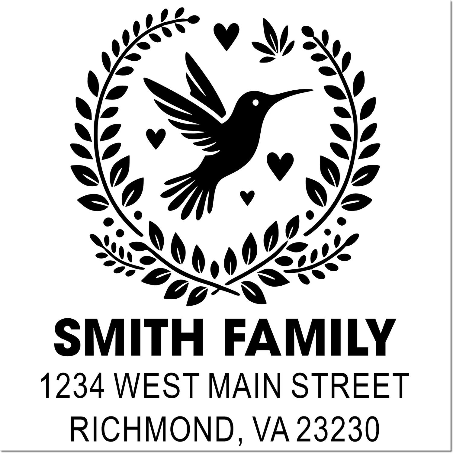 Custom hummingbird return address rubber stamp with floral wreath for Smith Family, Richmond, VA 23230.