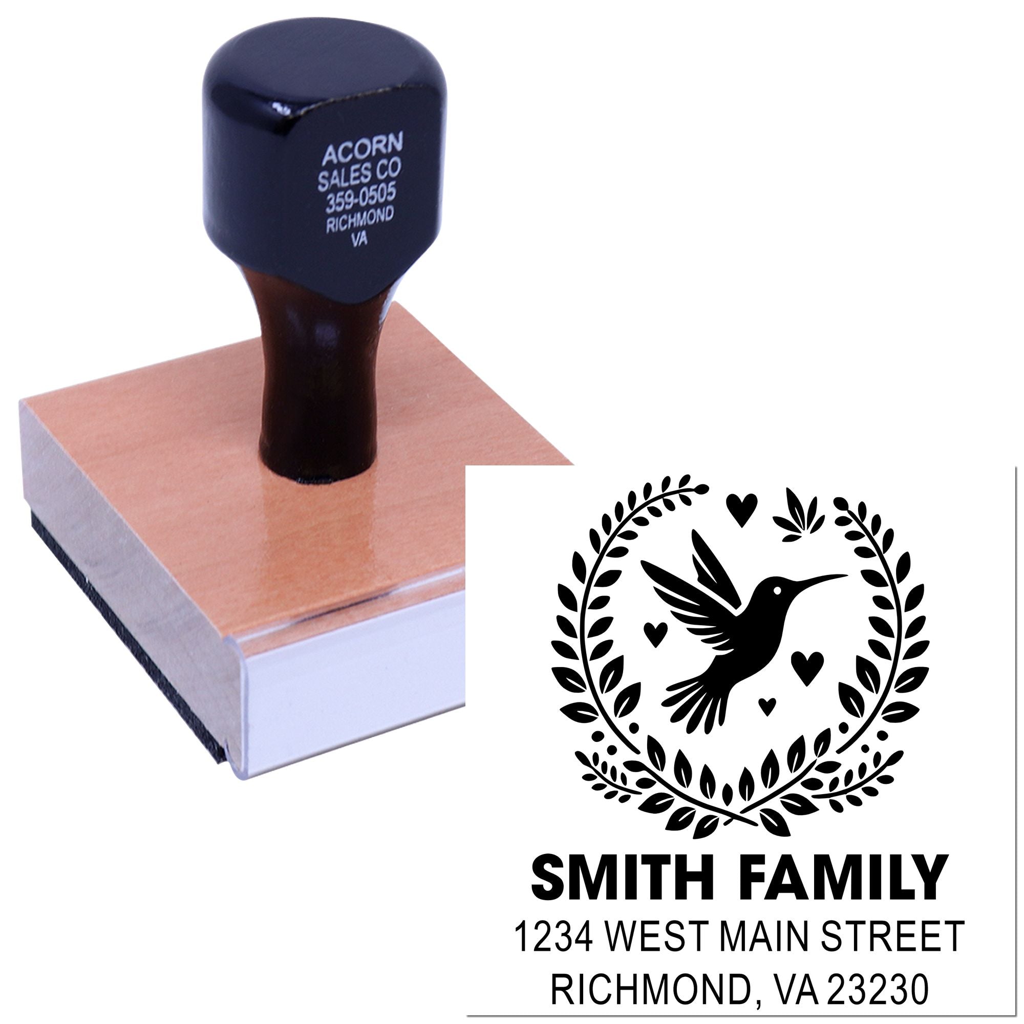 Custom hummingbird family address rubber stamp for envelopes, featuring Smith Family name and Richmond, VA return address.