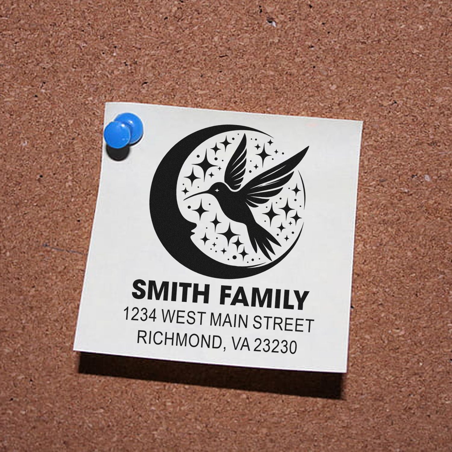 Custom family return address rubber stamp with hummingbird moon logo and Smith family address for mailing envelopes.