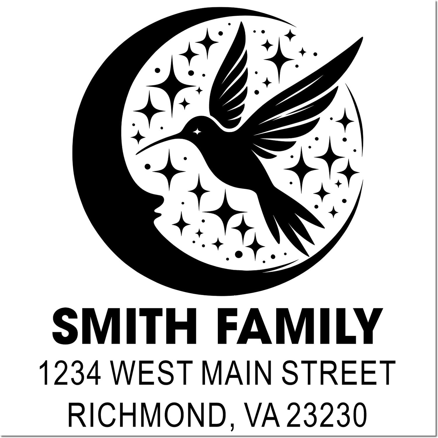 Personalized rubber address stamp featuring hummingbird moon design, Smith Family name, and Richmond, VA 23230.