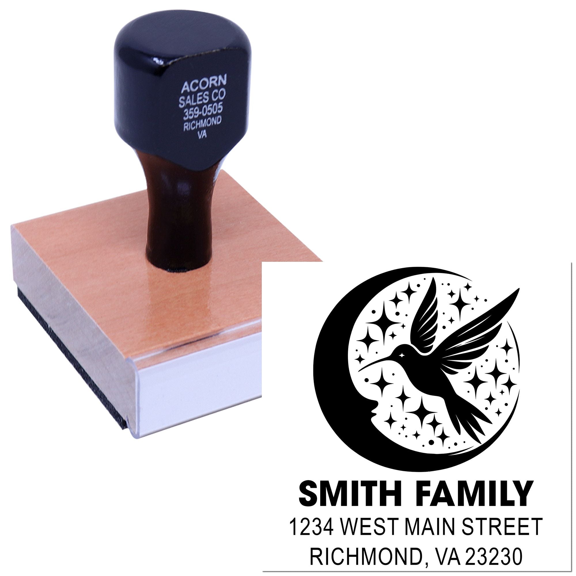 Custom return address rubber stamp with hummingbird design for Smith Family, featuring Richmond VA 23230 mailing address.