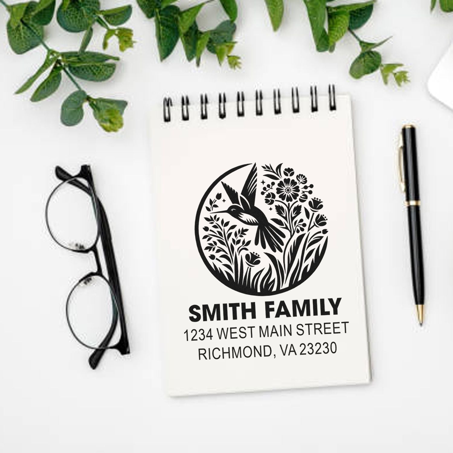 Custom return address rubber stamp with hummingbird floral design for Smith family, Richmond VA address label.