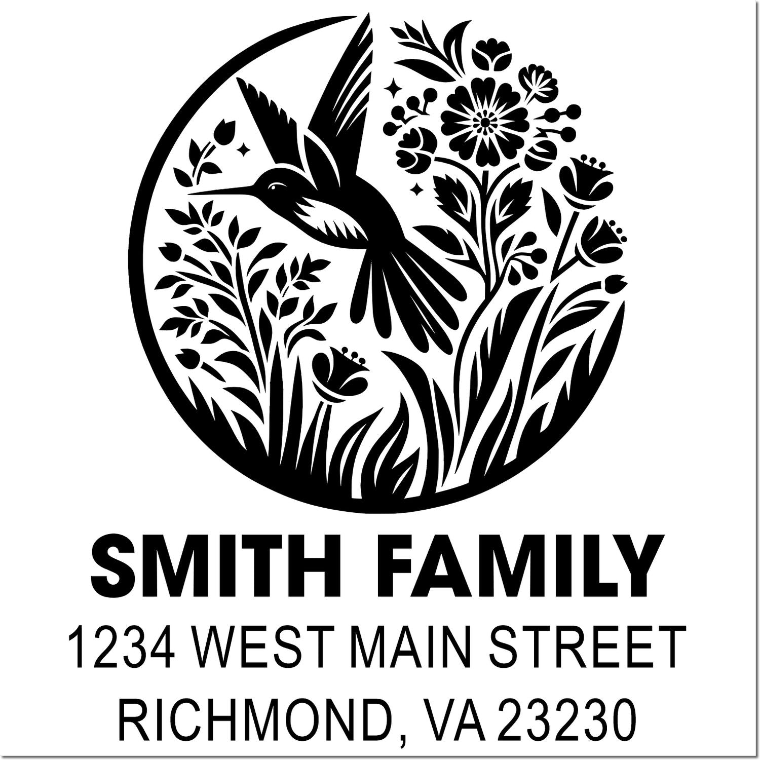 Custom hummingbird floral return address rubber stamp for Smith Family, 1234 West Main Street, Richmond, VA 23230