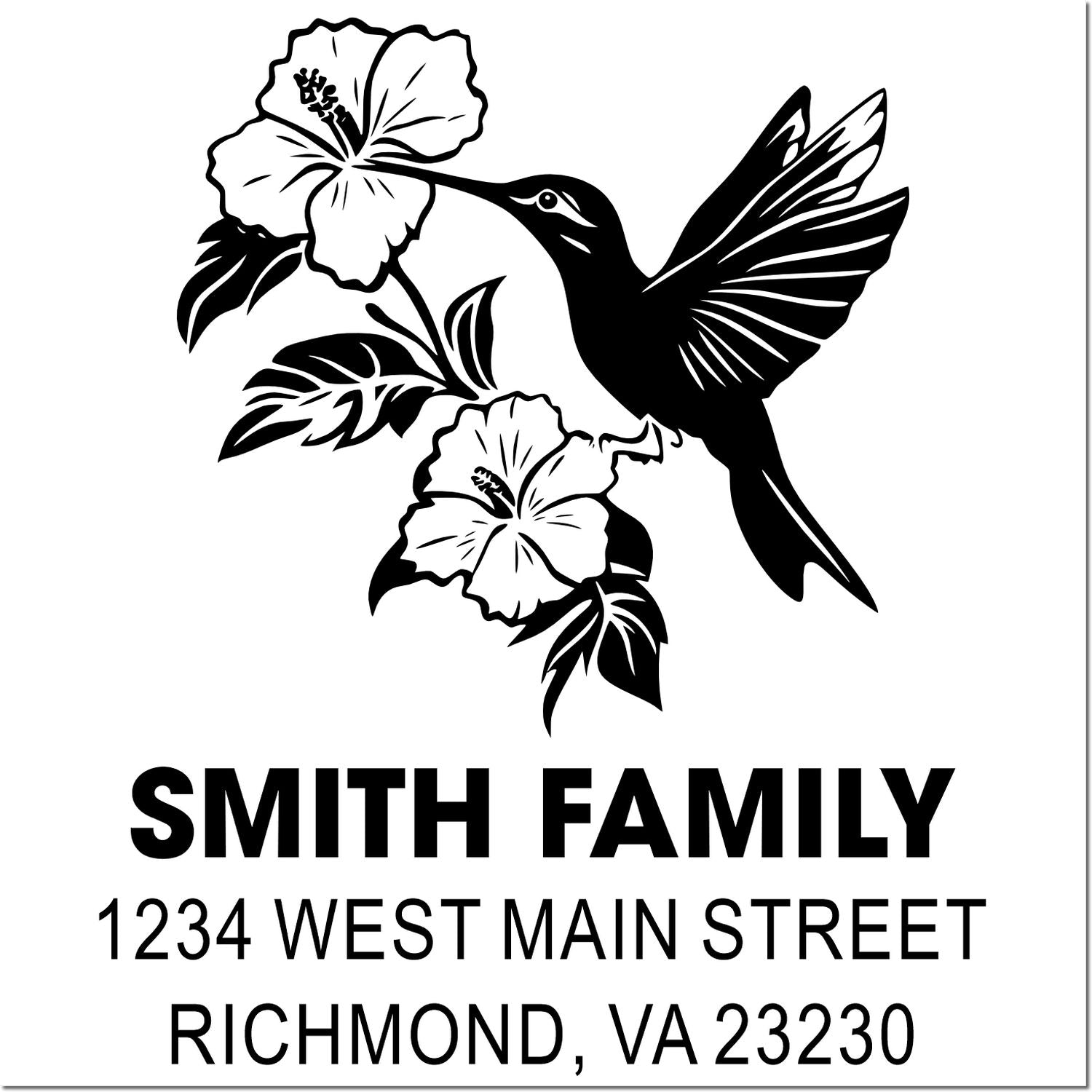 Custom hummingbird hibiscus return address rubber stamp for Smith Family, 1234 West Main Street, Richmond, VA 23230.