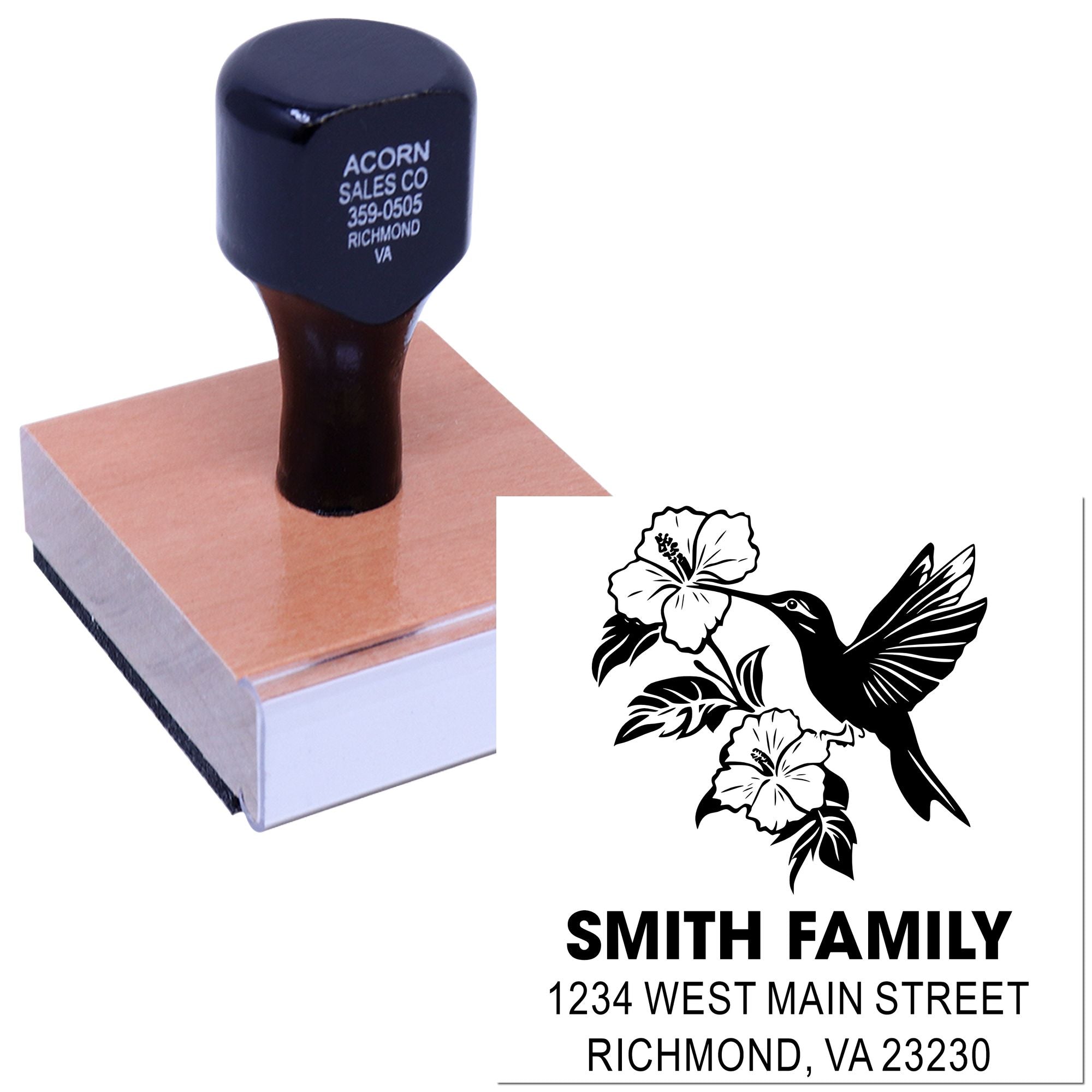 Custom hummingbird return address rubber stamp with family name and address for personalized mailings.