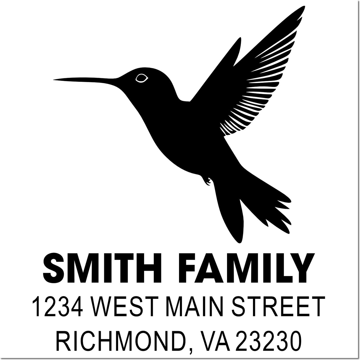 Custom hummingbird family address rubber stamp with Smith Family, 1234 West Main Street, Richmond, VA 23230