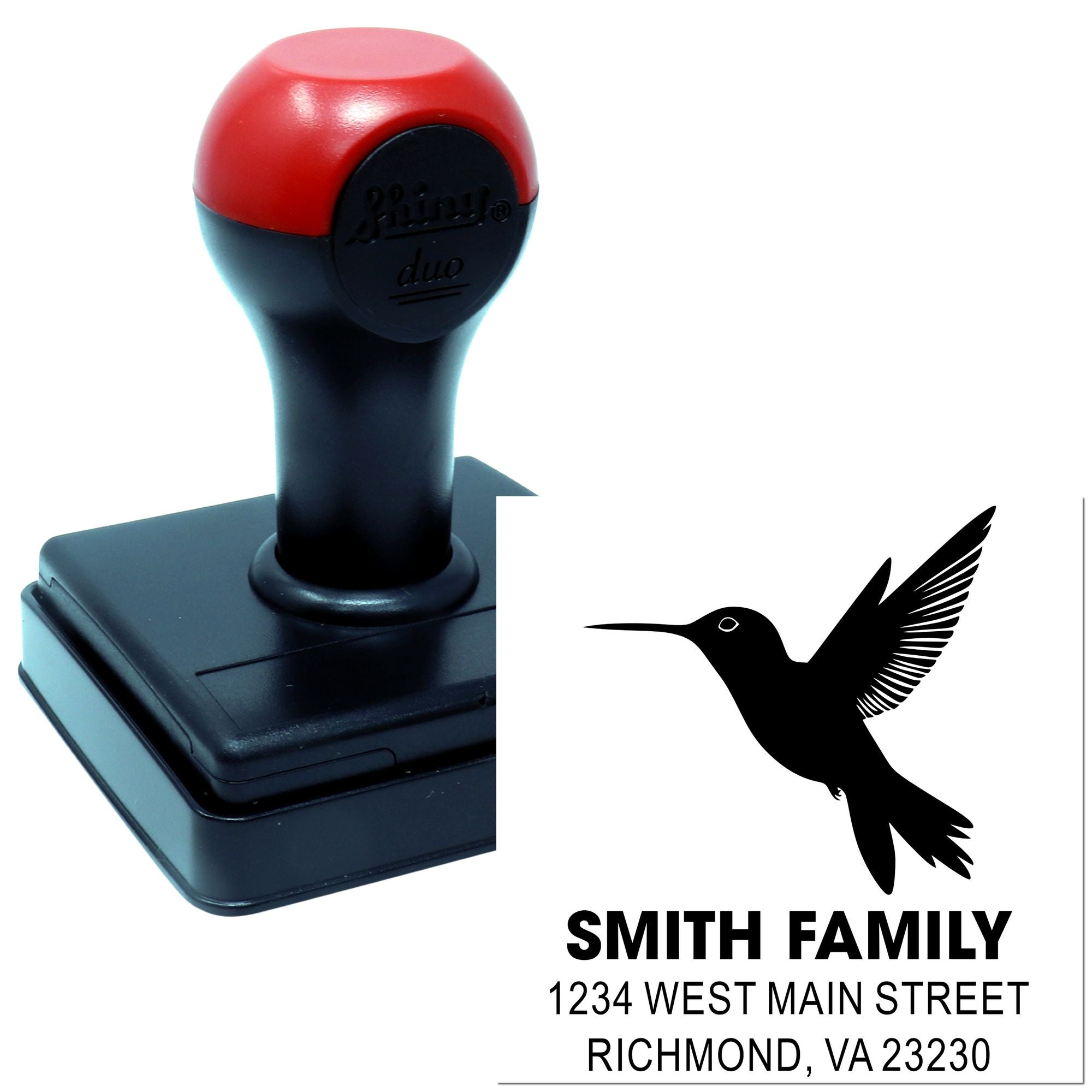 Personalized self-inking rubber address stamp with hummingbird logo for Smith Family return address