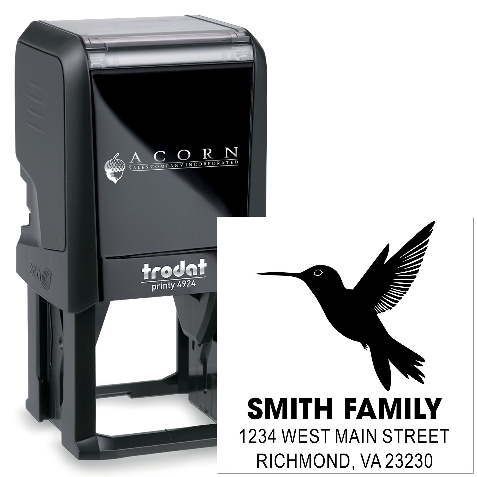 Custom self-inking return address stamp with hummingbird logo, Smith Family, and Richmond VA on Trodat Printy 4924.