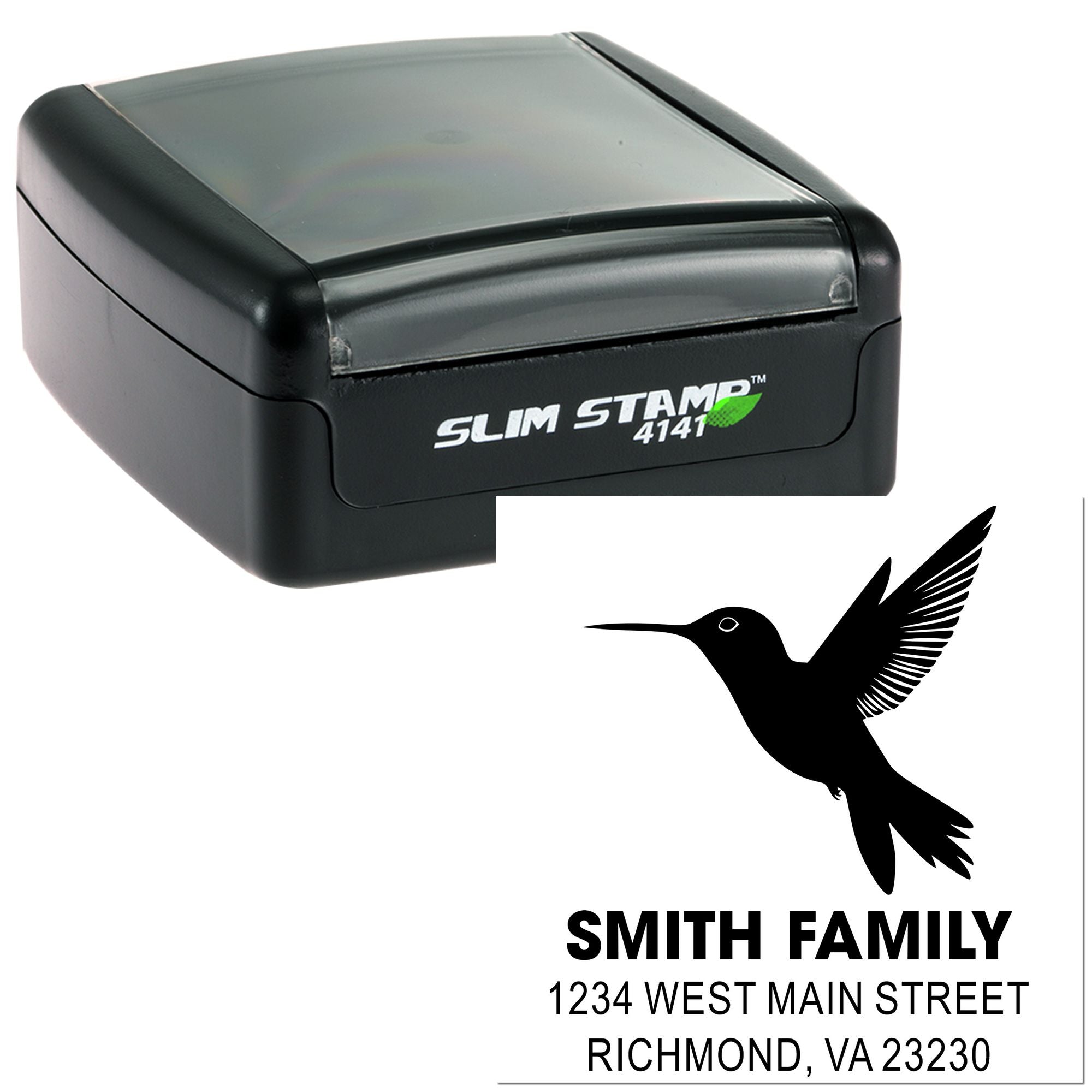 Custom self-inking rubber return address stamp with hummingbird design, Smith Family name, and Richmond VA address.
