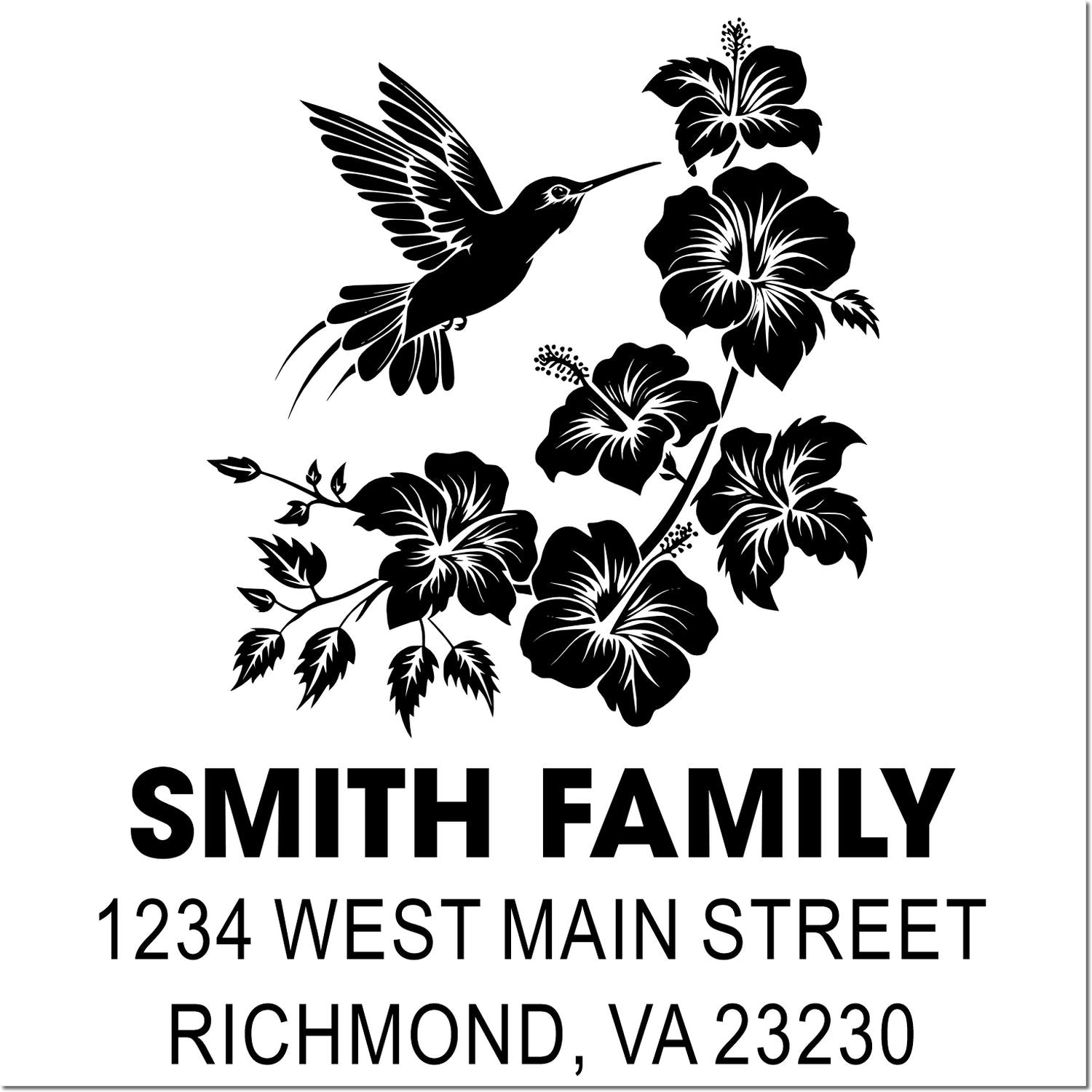 Custom return address rubber stamp with hummingbird and hibiscus design for Smith Family, Richmond, VA 23230.