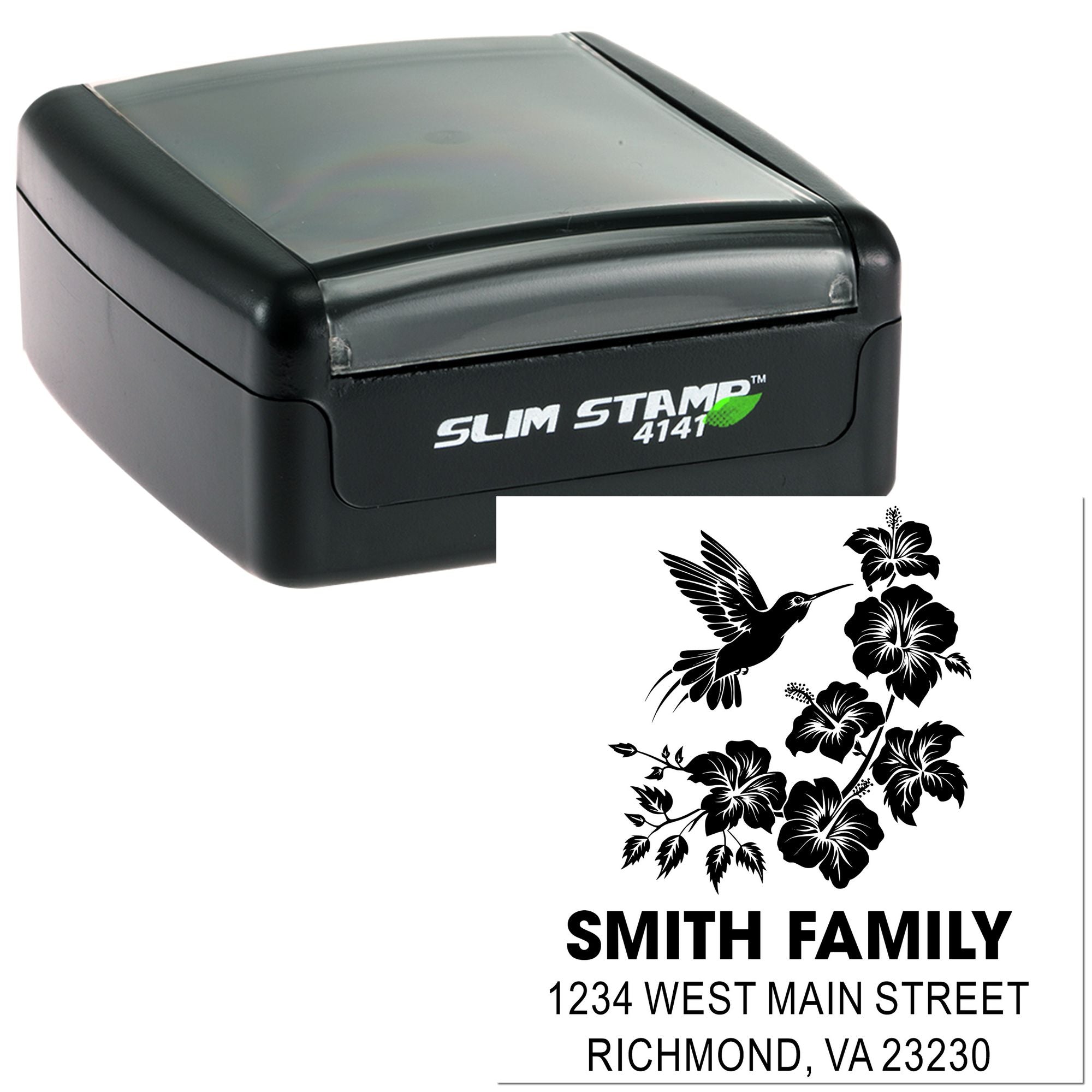 Custom self-inking return address rubber stamp with hummingbird and hibiscus design for Smith family mailings