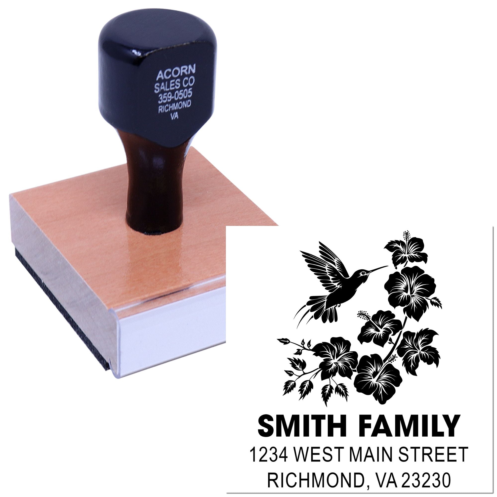 Custom rubber address stamp with hummingbird and hibiscus design for Smith Family, Richmond, VA 23230