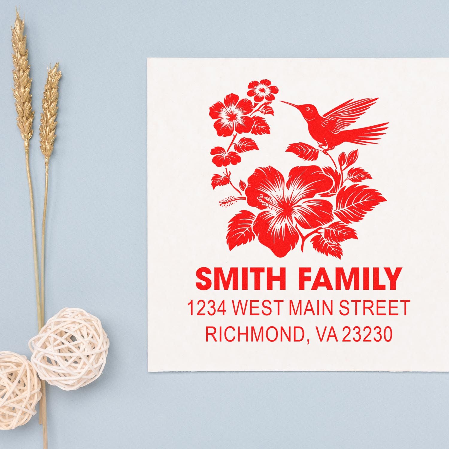 Custom return address rubber stamp with hibiscus and hummingbird design for personalized Smith family mailings