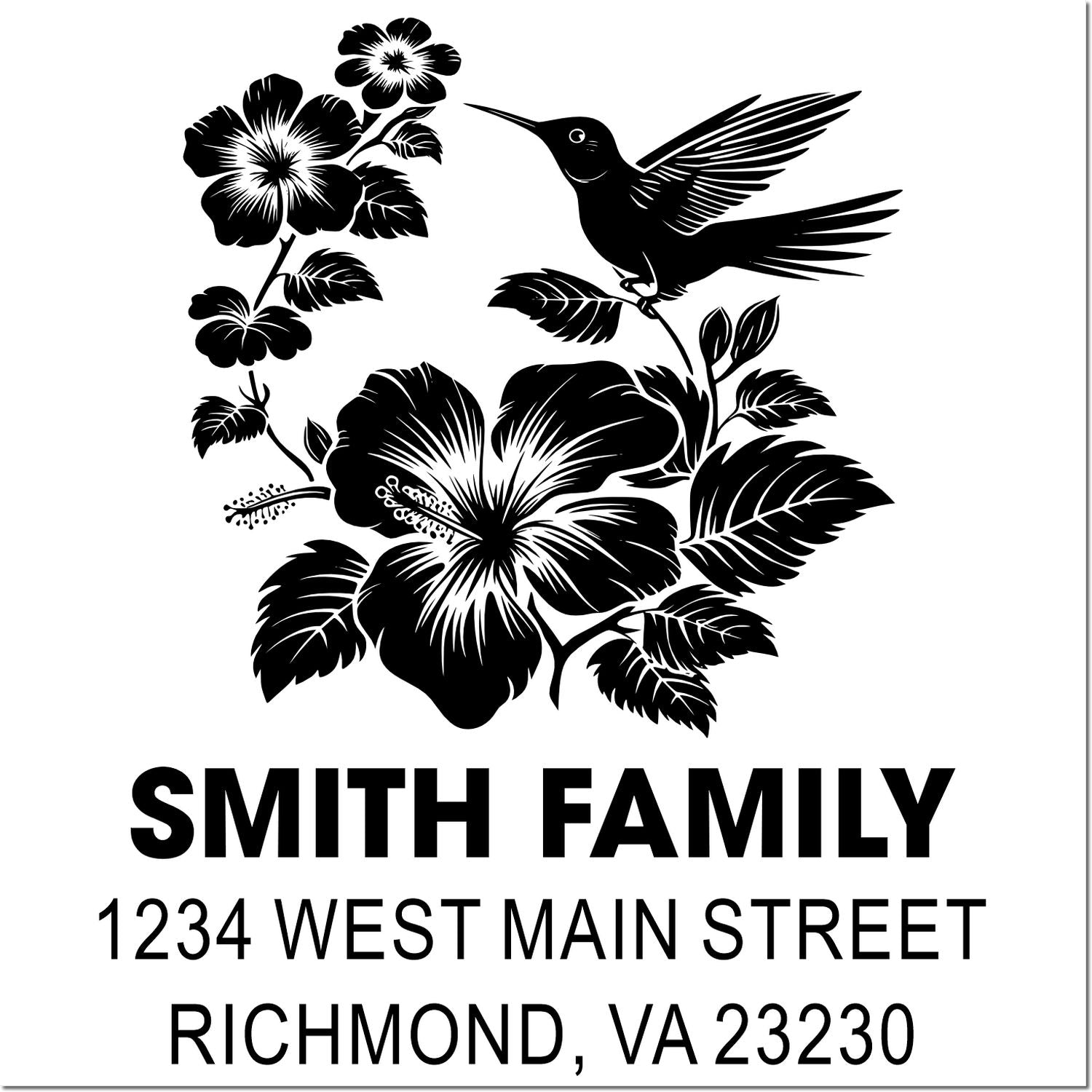 Custom rubber stamp with hummingbird and hibiscus floral design, Smith Family name, and Richmond, VA return address.