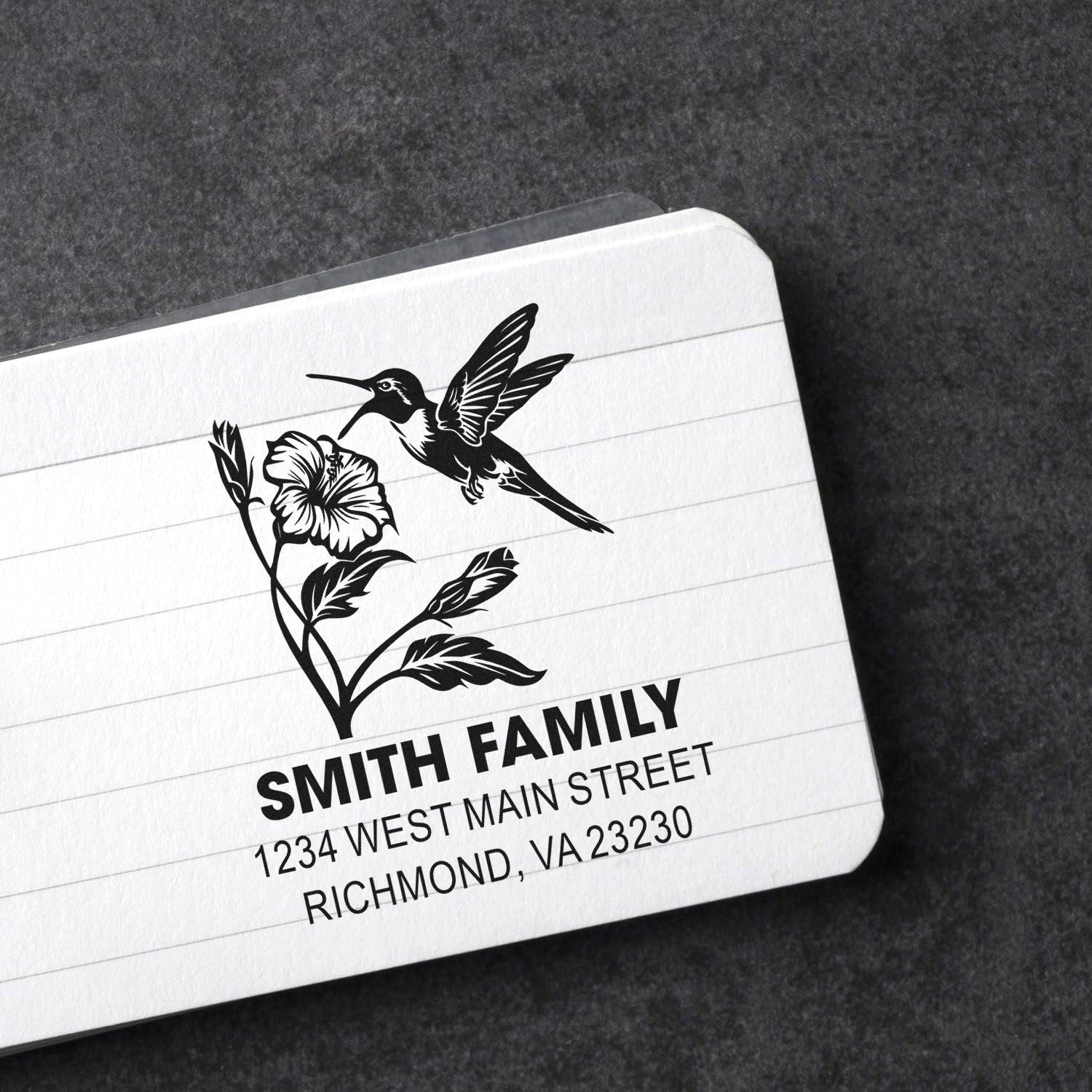 Personalized return address rubber stamp with hummingbird and floral design for Smith Family, Richmond, VA.
