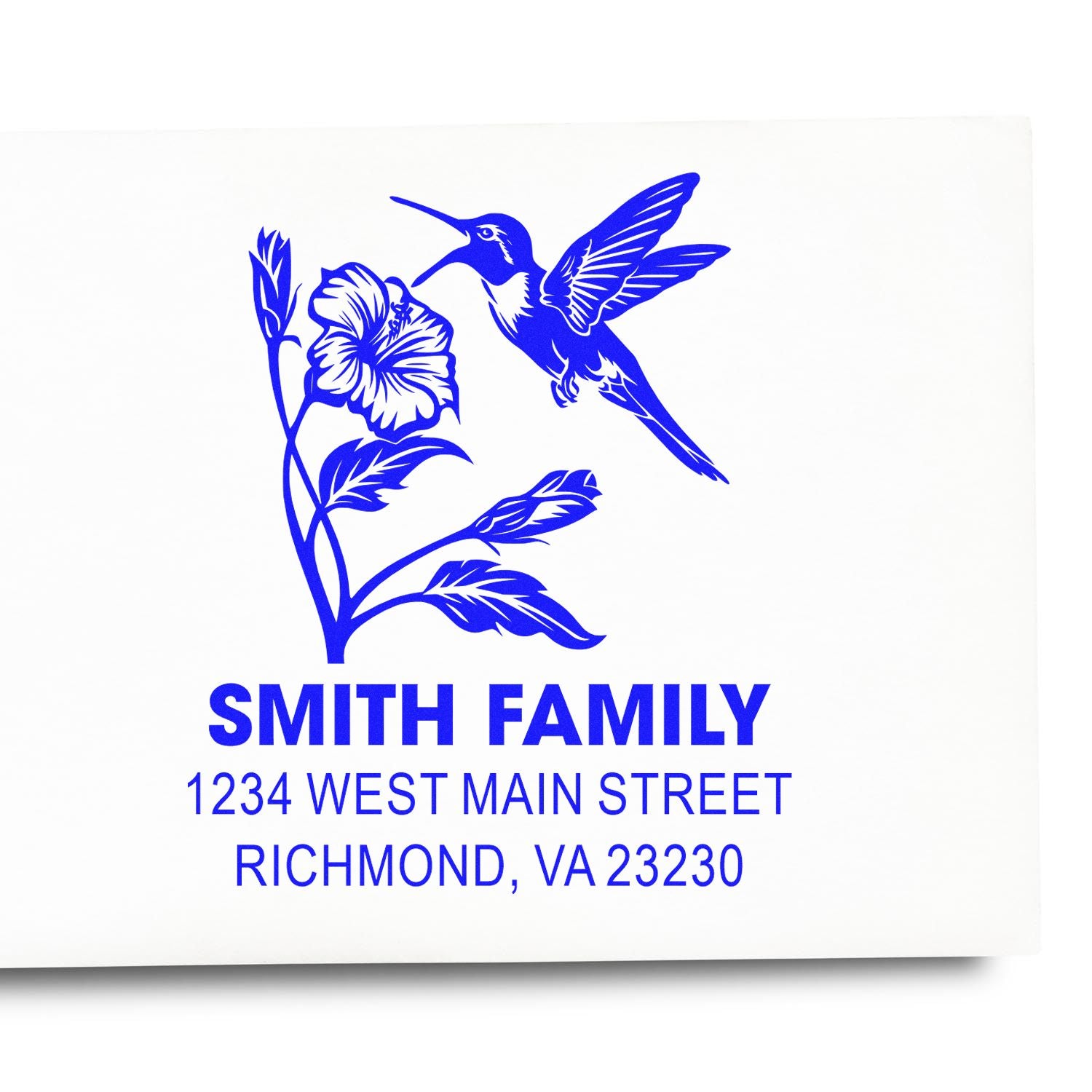 Custom rubber stamp with hummingbird and floral design, Smith Family name, and Richmond, VA address.