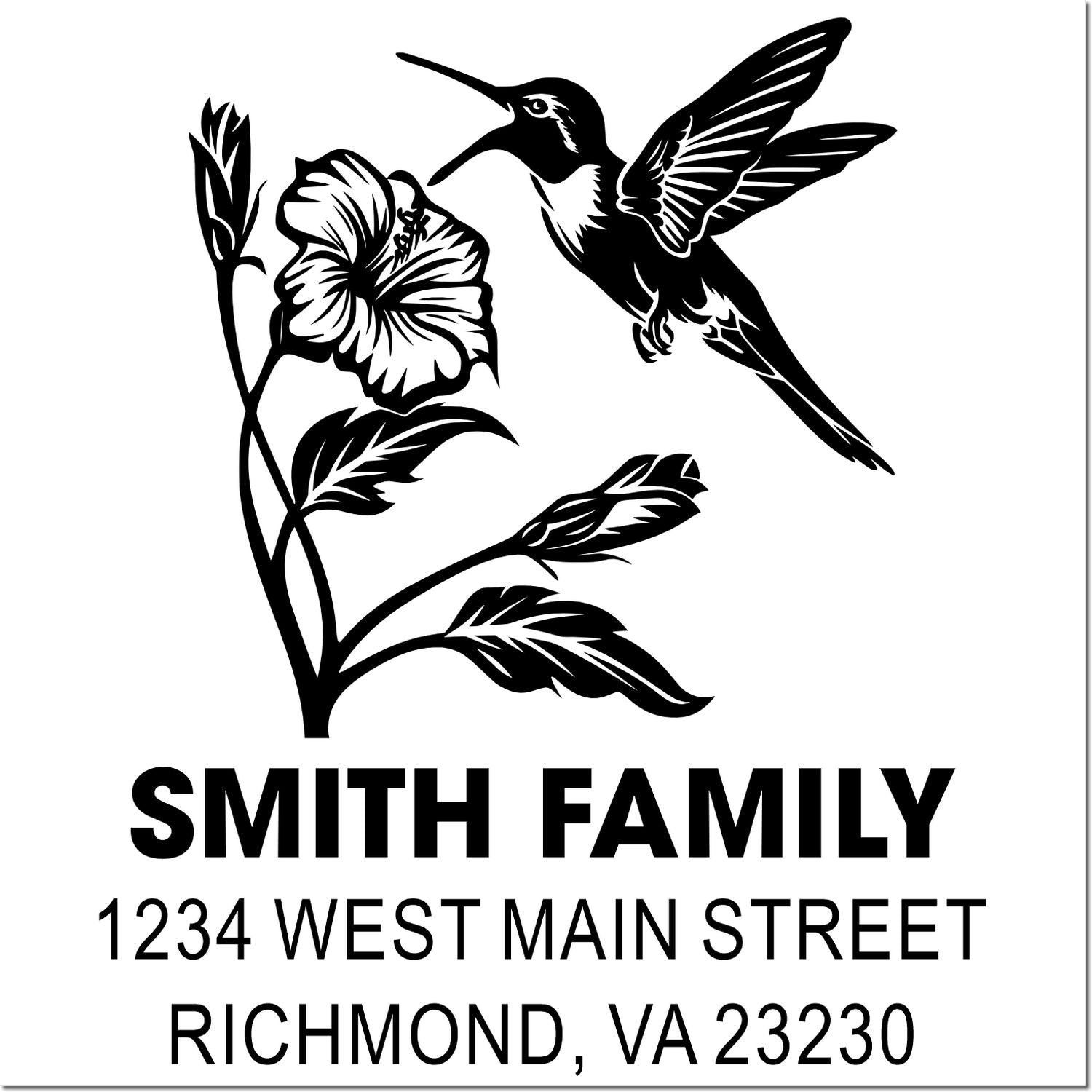 Personalized return address rubber stamp with hummingbird and flower design for Smith Family in Richmond, VA 23230.