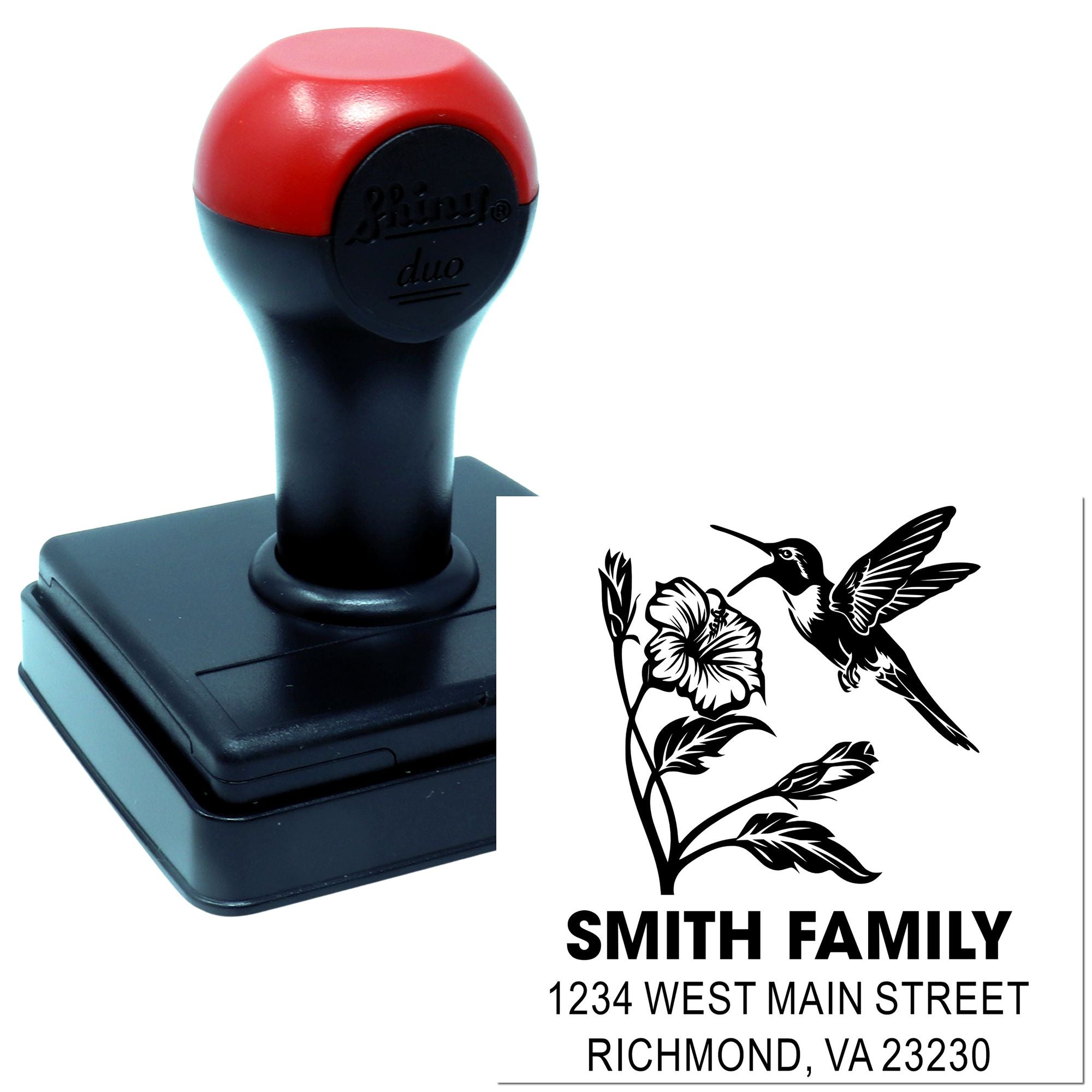 Custom self-inking rubber stamp with hummingbird design and Smith family address for personalized mailing