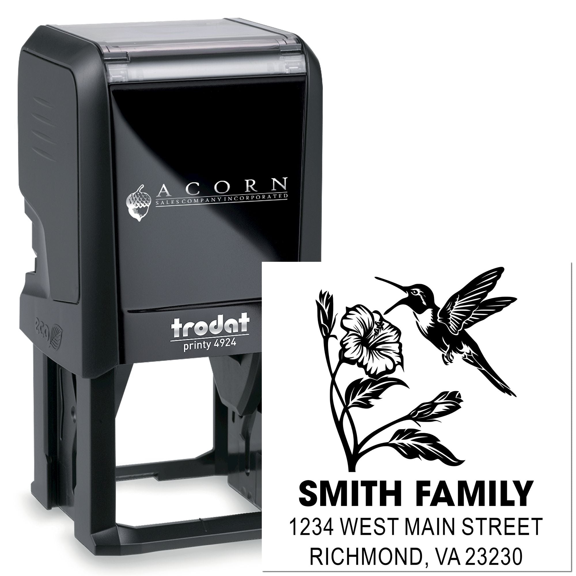 Custom self-inking rubber stamp with hummingbird design for Smith Family return address and personalized mail stamping.