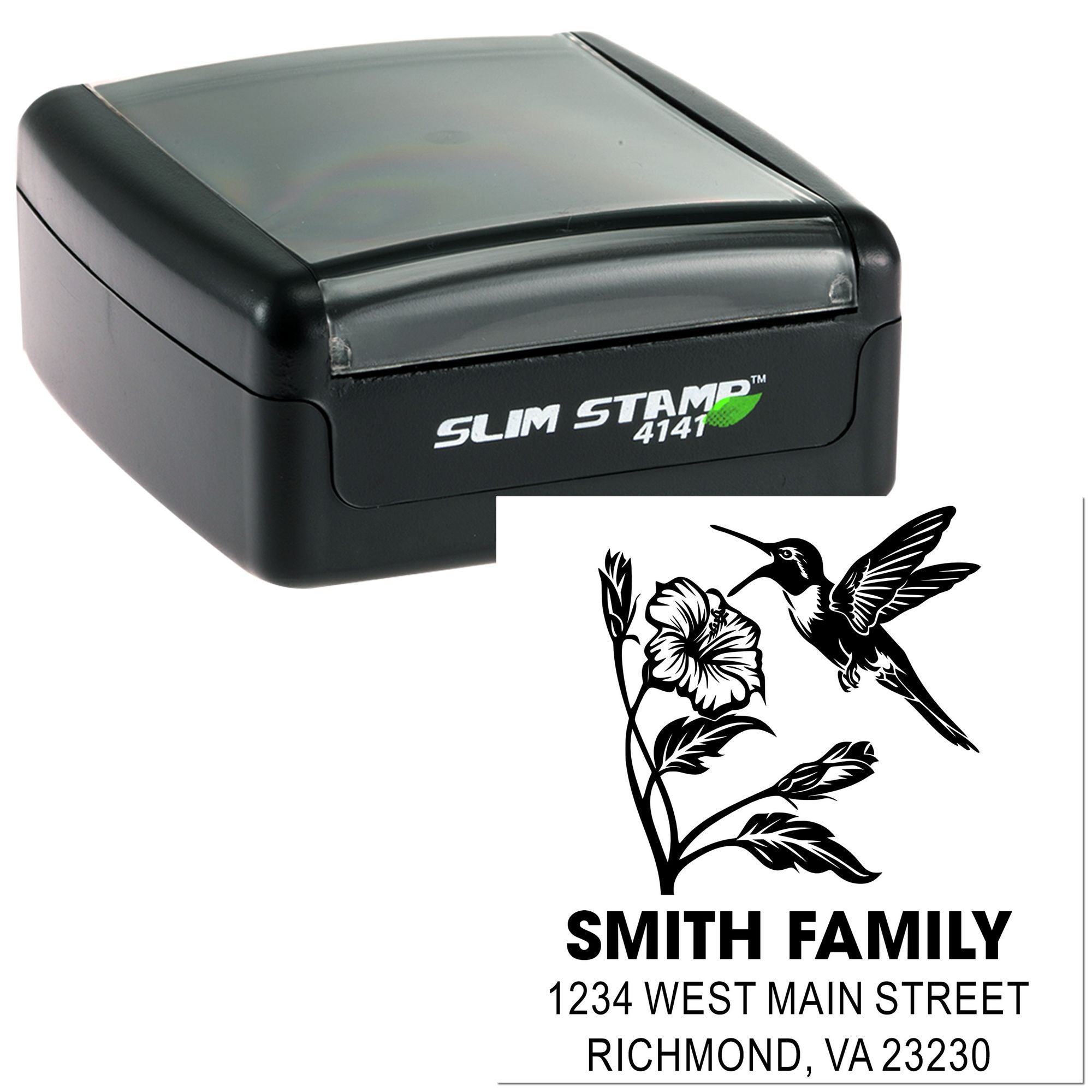 Custom address rubber stamp with hummingbird design, Smith family name, and Richmond, VA return address