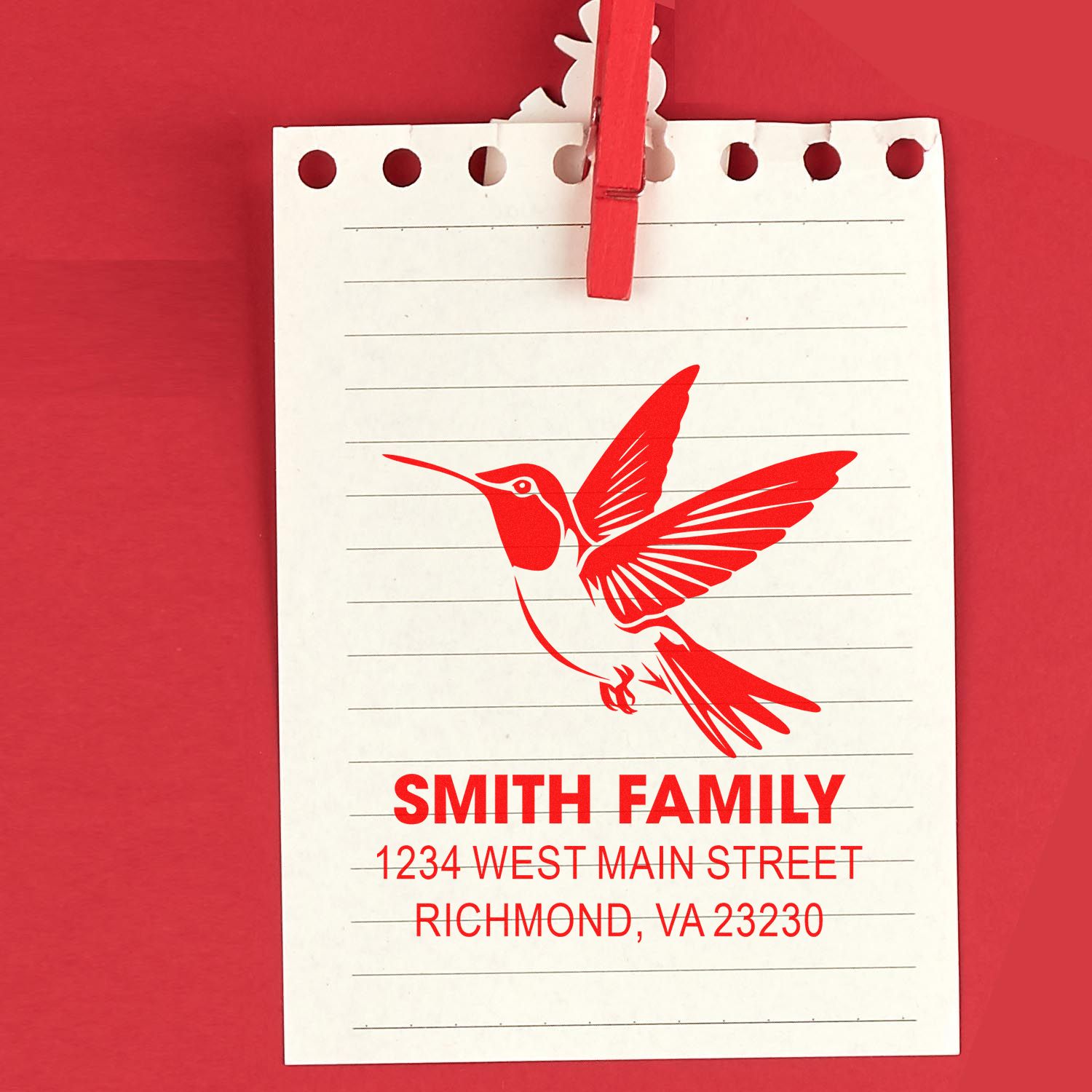 Personalized rubber return address stamp with hummingbird design for Smith Family, Richmond, VA.