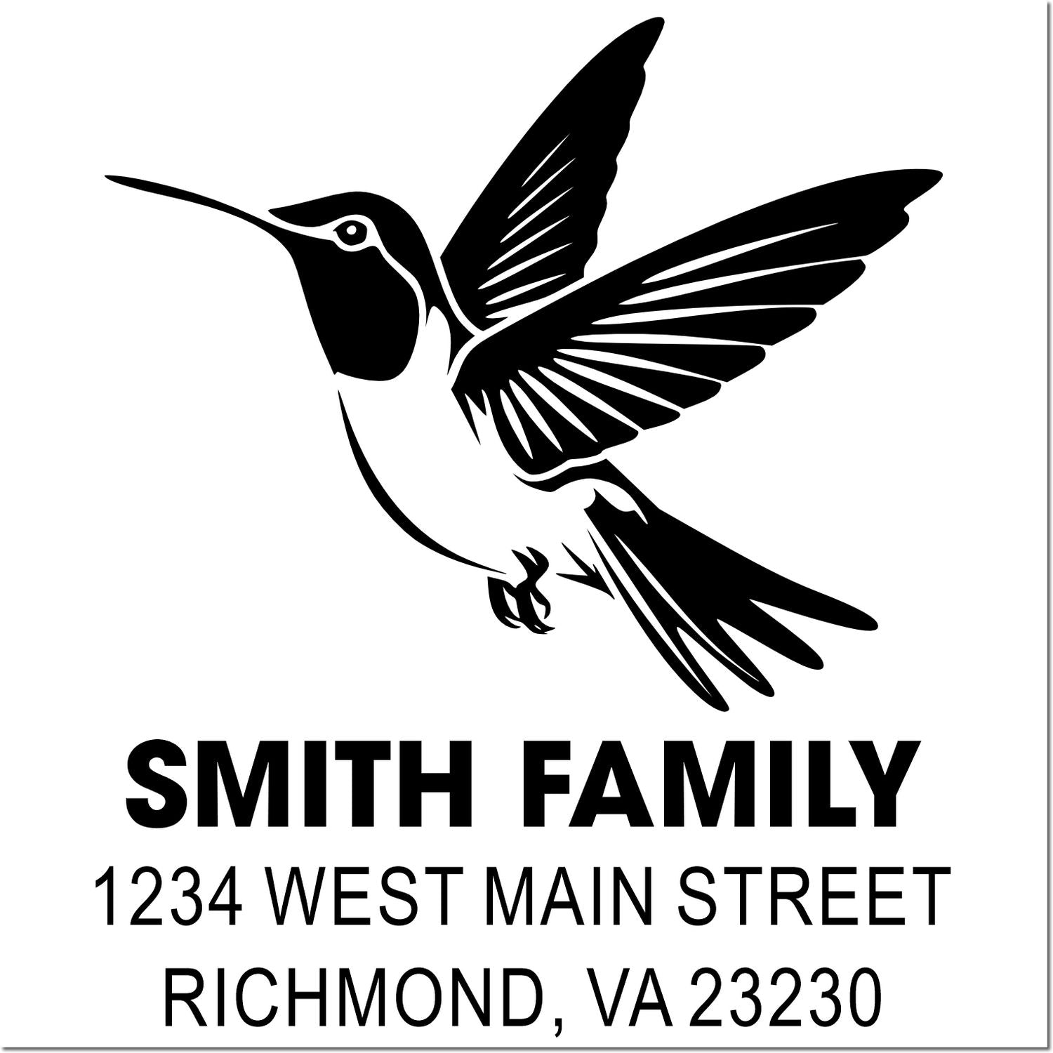 Personalized hummingbird return address rubber stamp for Smith Family, 1234 West Main Street, Richmond, VA 23230.