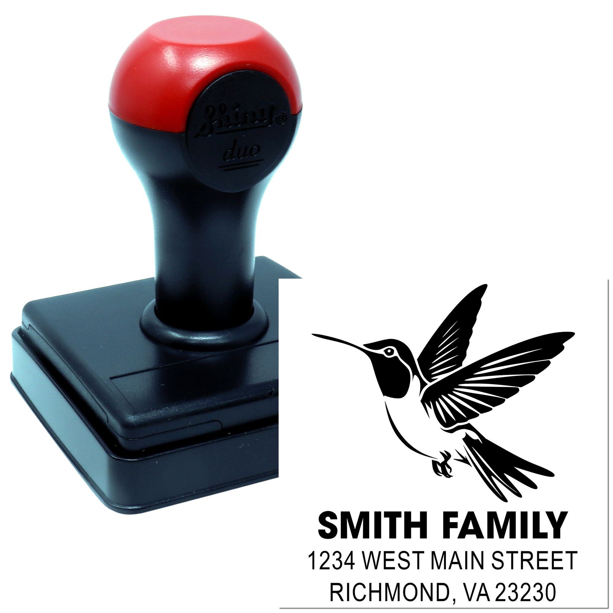 Custom self-inking rubber address stamp with hummingbird design for Smith Family, 1234 West Main Street, Richmond, VA 23230.