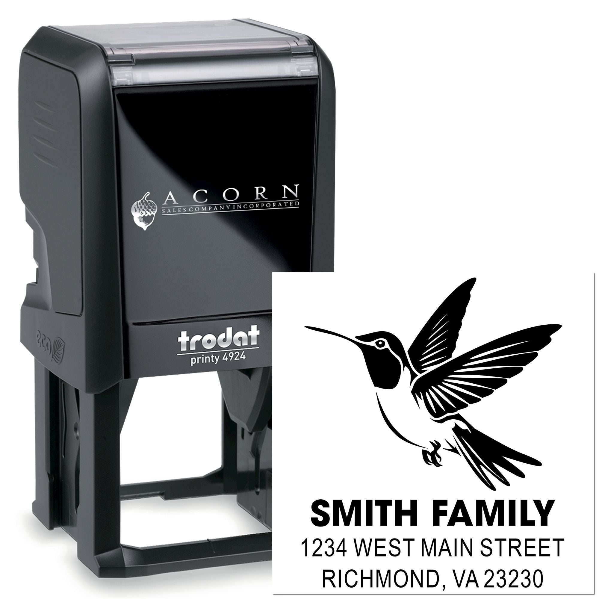 Trodat Printy 4924 custom self-inking rubber address stamp with hummingbird design for Smith Family mailings.