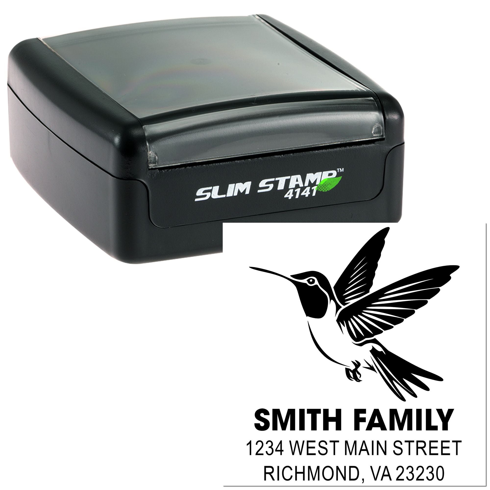 Hummingbird return address rubber stamp with Smith Family name and Richmond, VA address, shown with self-inking stamp case.