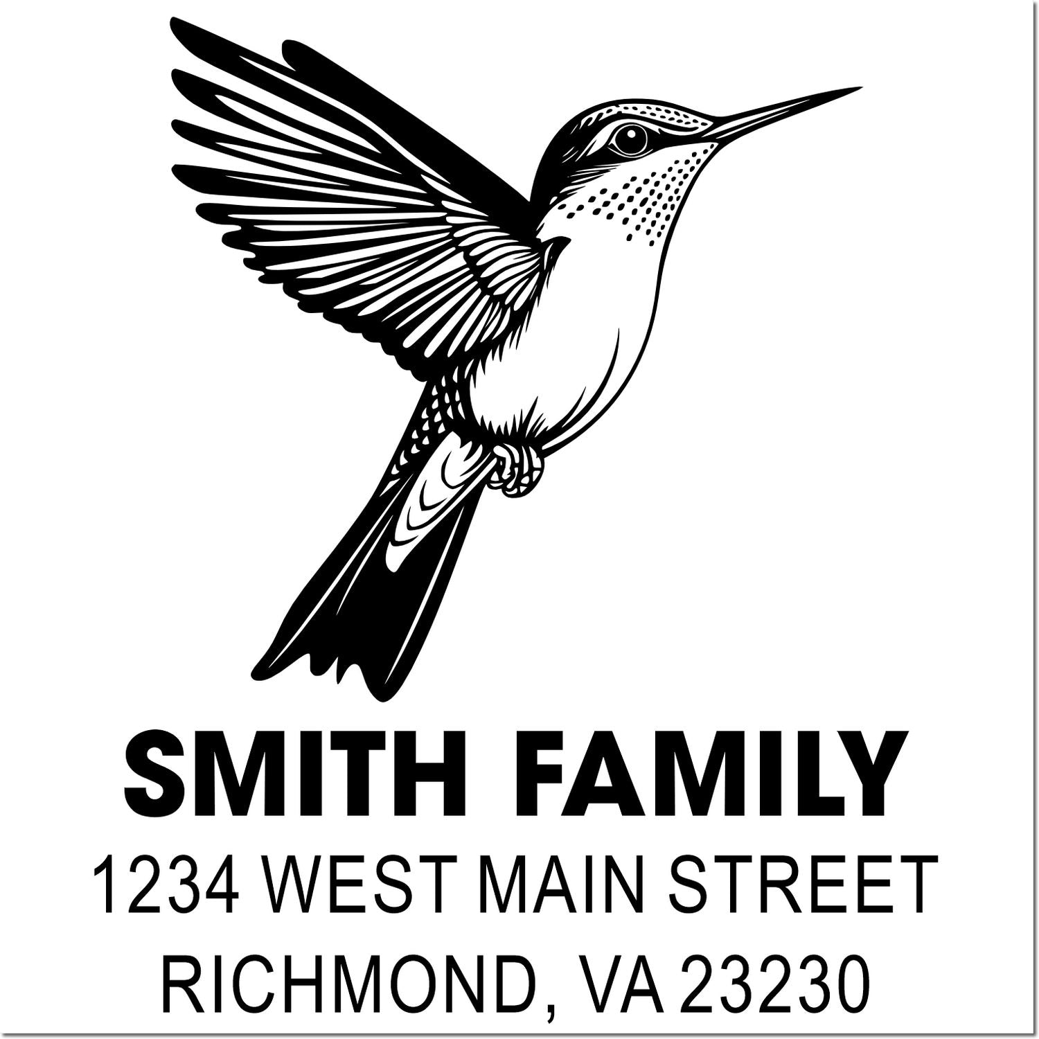 Custom hummingbird return address rubber stamp for Smith Family, 1234 West Main Street, Richmond, VA 23230.