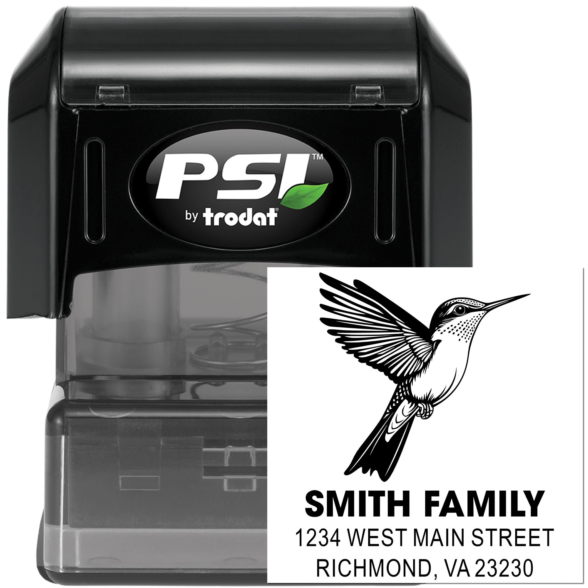 PSI by Trodat custom self-inking address rubber stamp with hummingbird design and Smith Family return address.