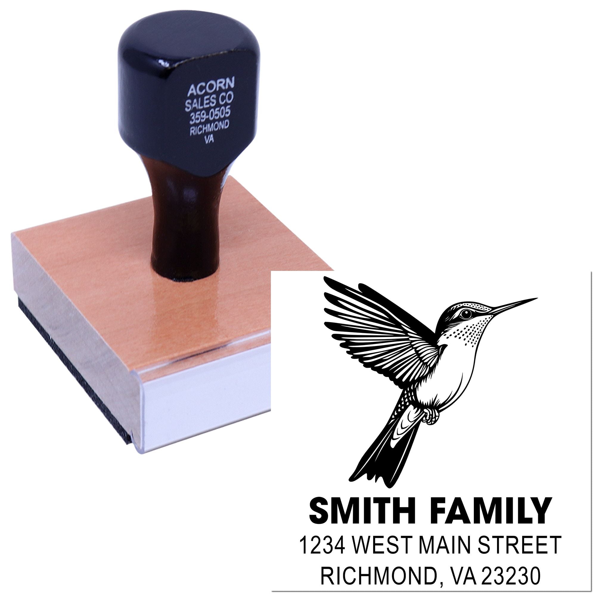 Custom rubber stamp with hummingbird logo and Smith Family return address, Richmond, VA 23230.
