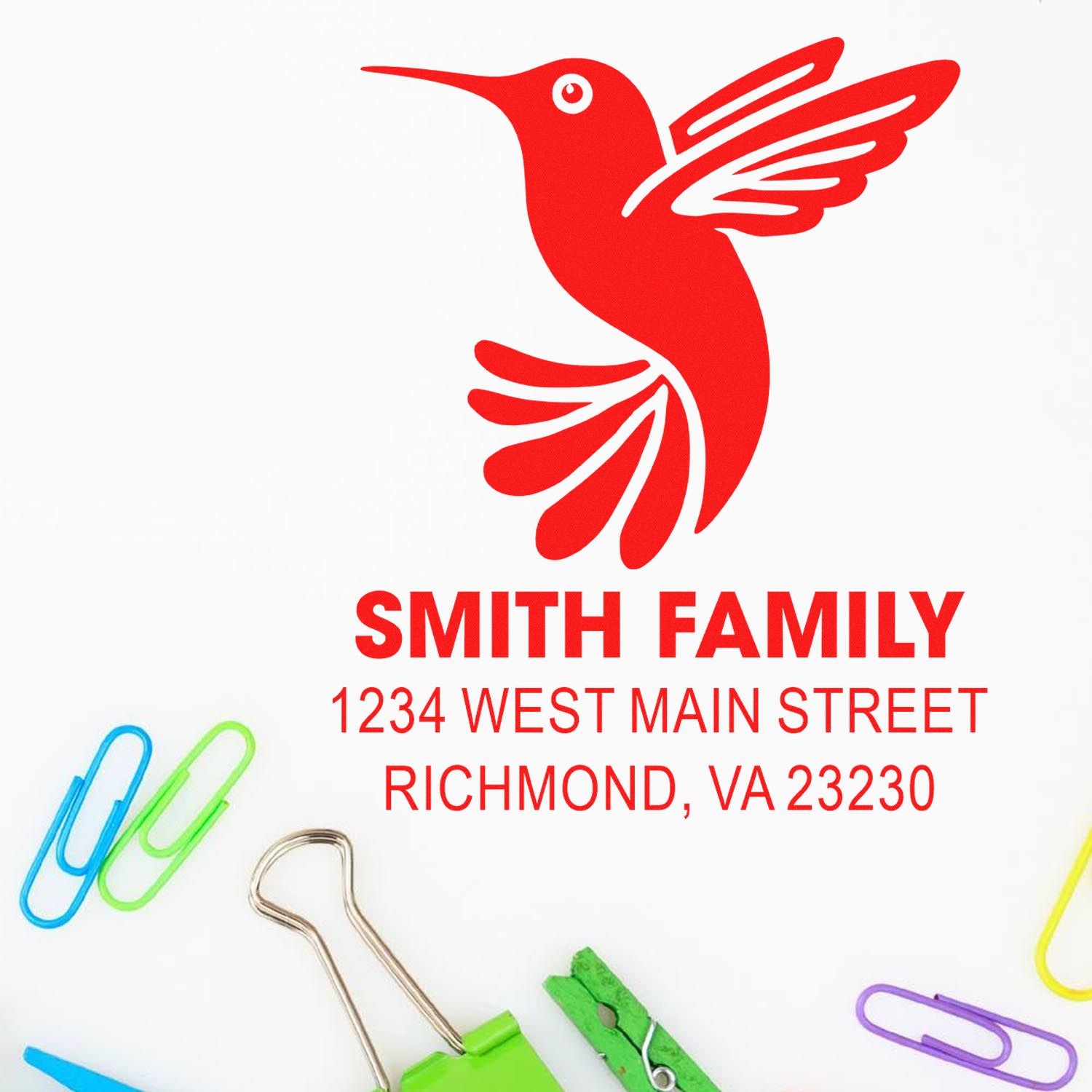 Custom family address rubber stamp with hummingbird logo, Smith Family, 1234 West Main Street, Richmond, VA 23230