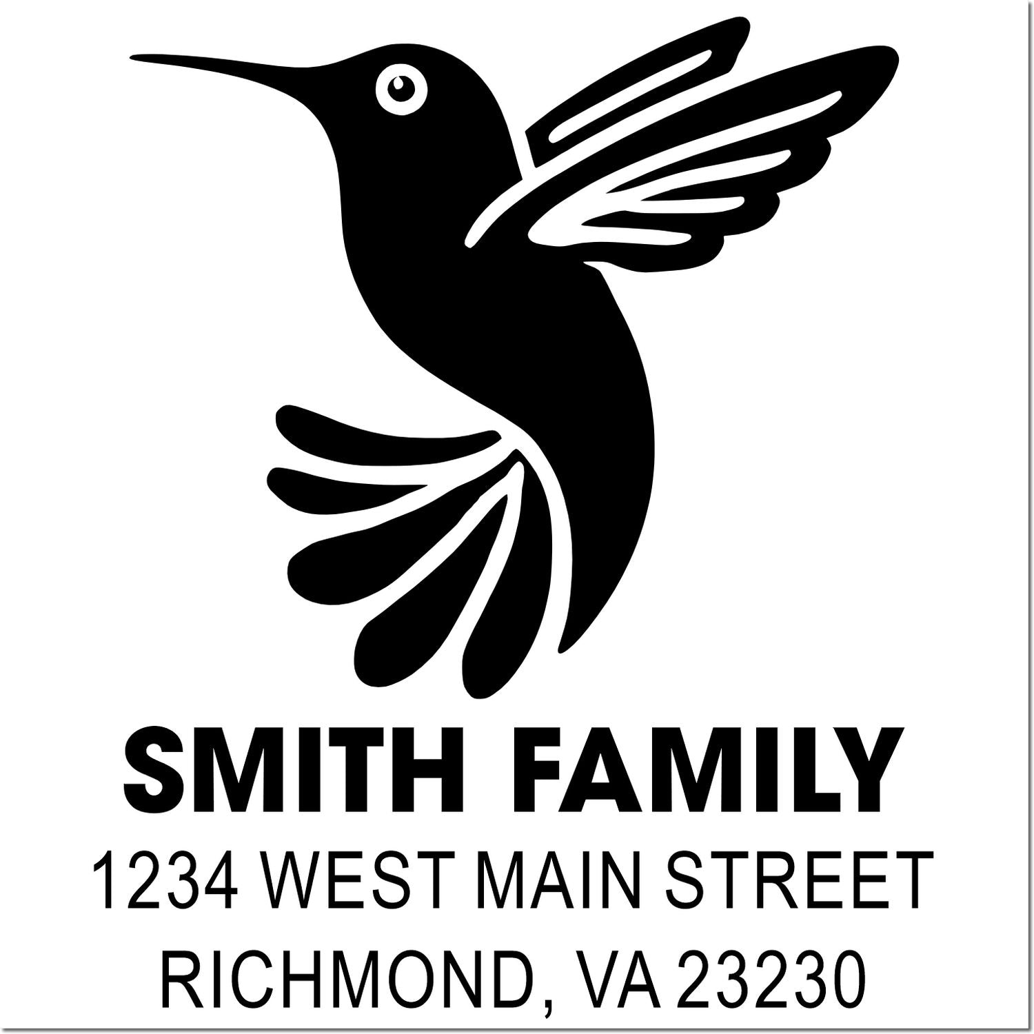 Personalized hummingbird return address rubber stamp for Smith Family, 1234 West Main Street, Richmond, VA 23230